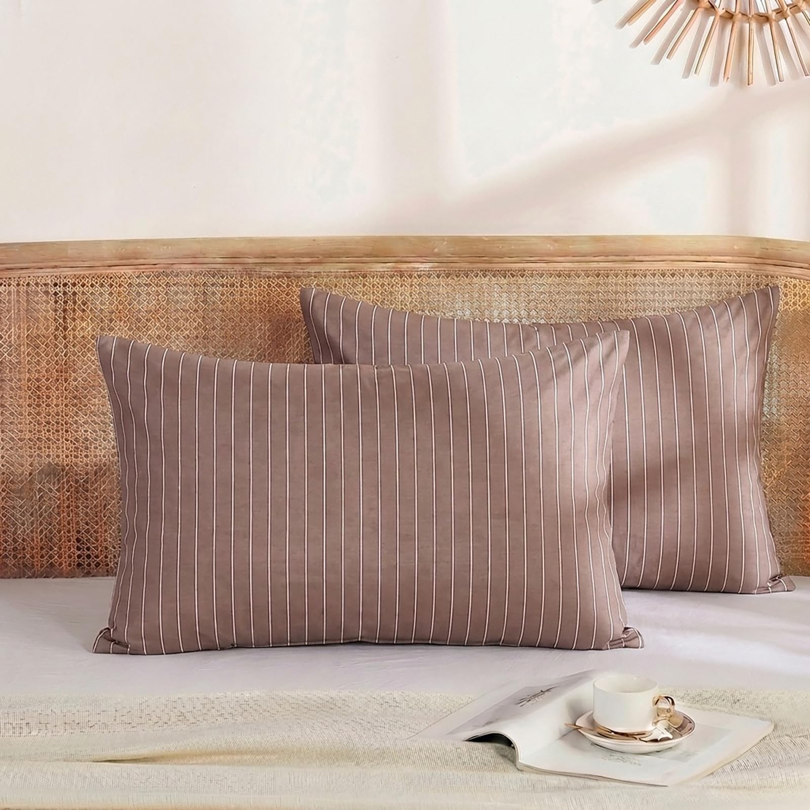 Herside Brown Striped Pillowcases, 100% Cotton Pillow Cases, Queen Size Pillowcases, Luxury Linen Like Pillowcase, Soft Breathable Pinstripe Pillow Covers, Set of 2