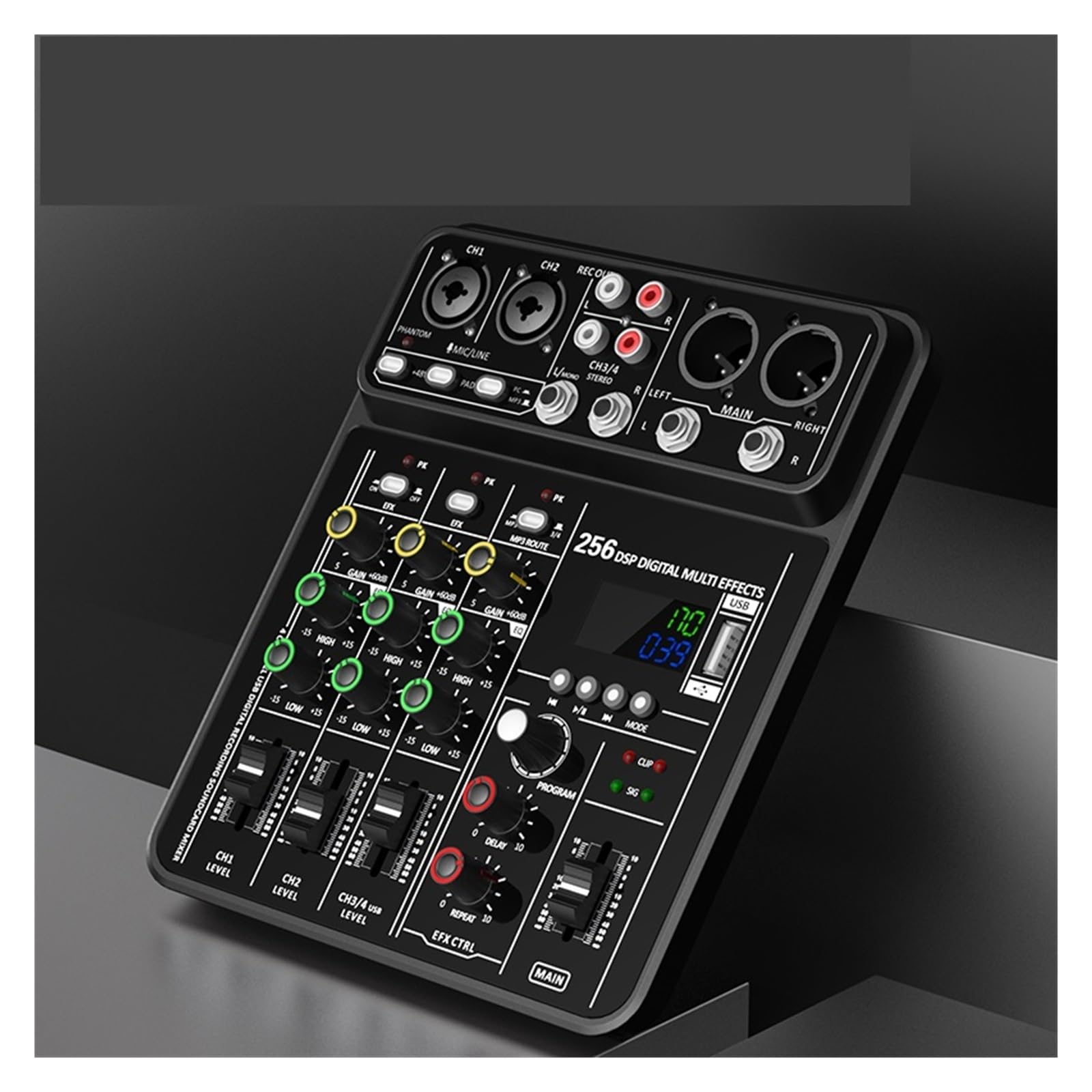 Interface Mixer with Bluetooth USB Recording Computer 48V Power Delay Replay Effects 4-Channel Mixer