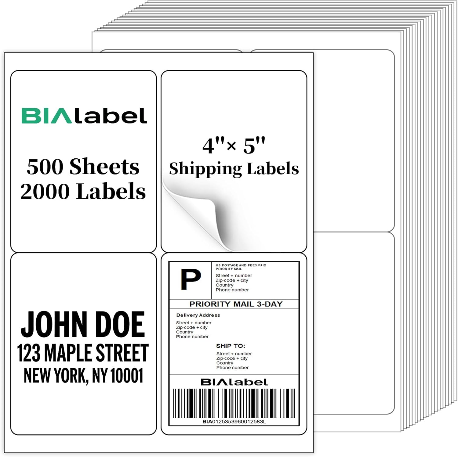 2000 Labels 4-Up 4" x 5'' Shipping Address Barcode Labels for Laser & Inkjet Printers, 500 Sheets, White, Permanent Adhesive, BIAlabel