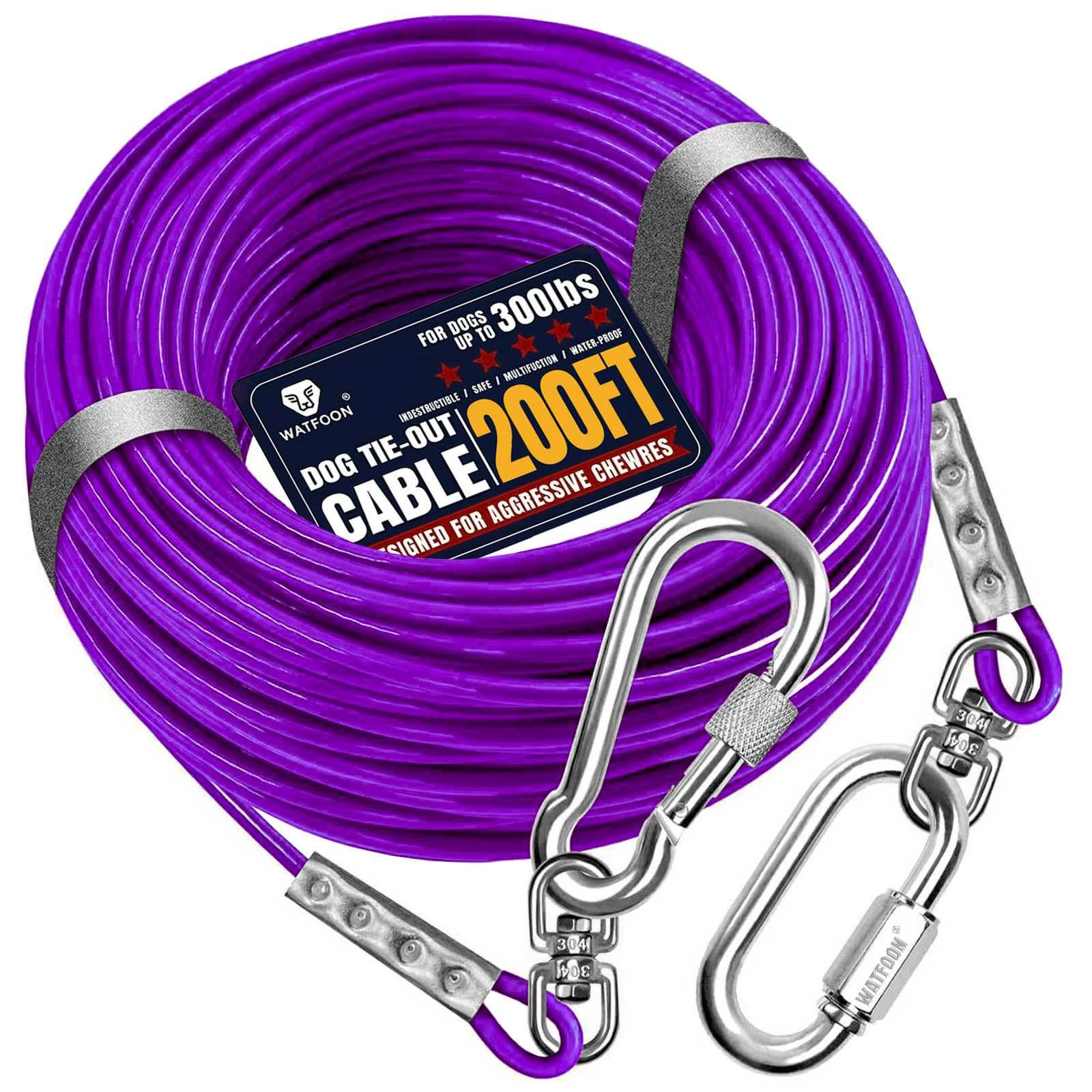 Tie Out Cable for Dogs Up to 300lbs, 200ft Extra Strong 1000lbs Break Strength Tie-Out Tether Trolley Training Lead,Dog Run Cable for Yard Garden Park Camping Outside (Purple, 300lbs 200ft)
