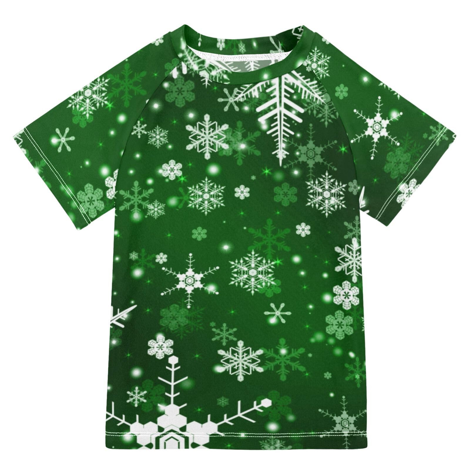Aflyko Christmas Boys' Swim Shirt Snowlake Green Fantasy Rash Guard Beachwear Sun Protection Fishing Hiking Camping Surfing Swimming Toddler Infant Summer Daily T-Shirt, 4T