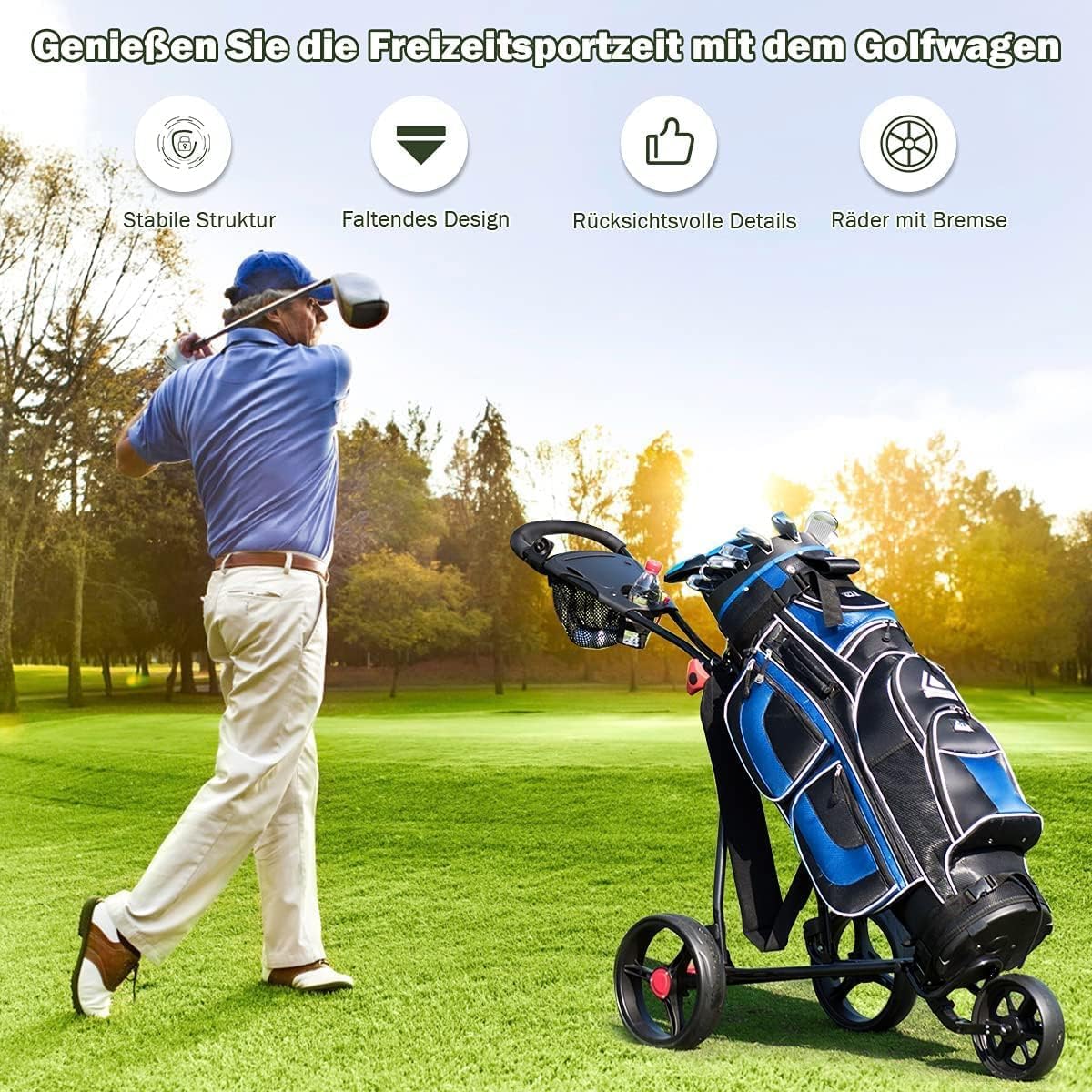 GYMAX Golftrolley faltbar, Golfwagen 3 Rad mit Scorekartenhalter, Getränkehalter & Regenschirmhalter, Golf Push Cart mit verstellbarem Griff aus Eisen, Schwarz