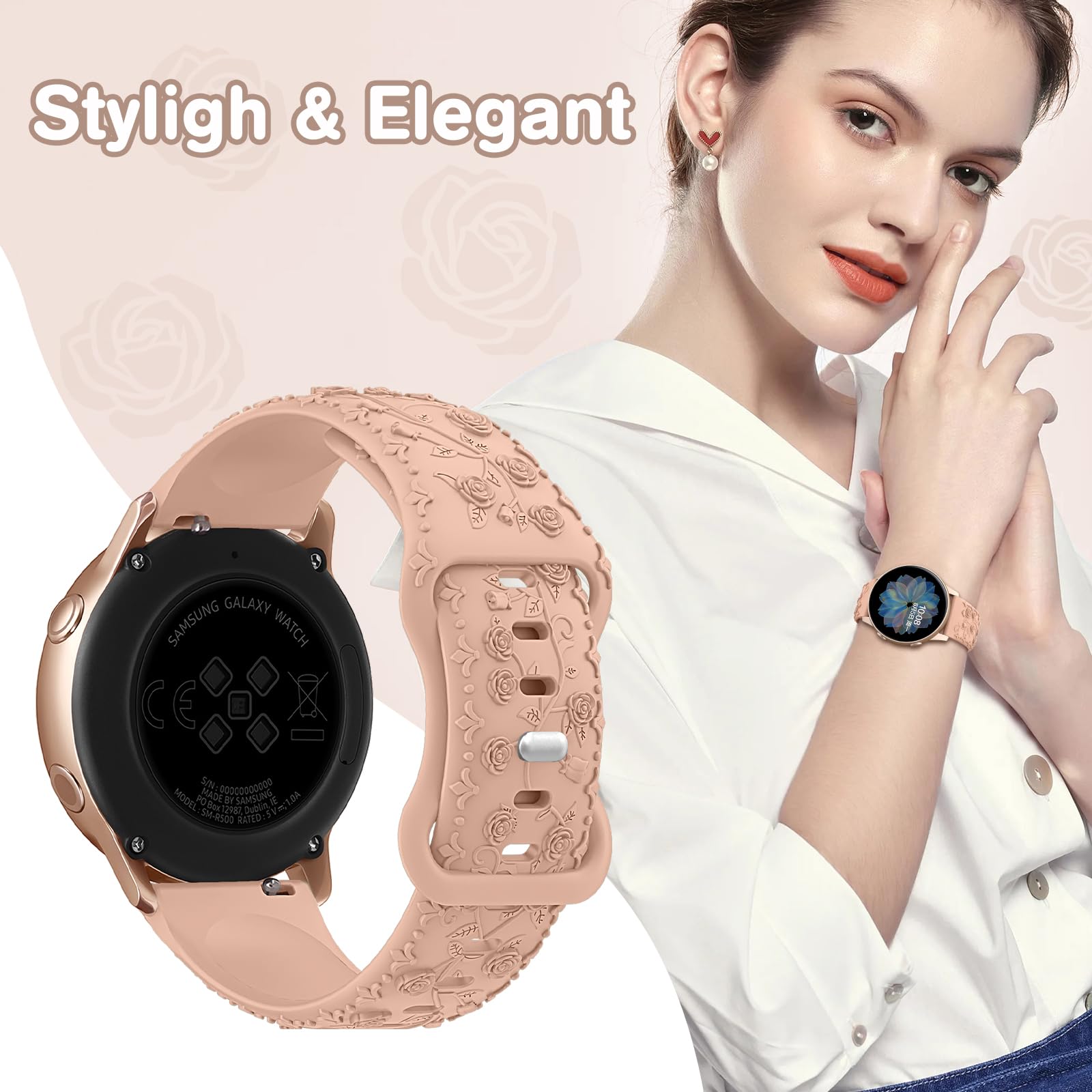 Bracelet de rechange en silicone souple avec gravure florale compatible avec Samsung Galaxy Watch 6/5/4 40 mm, 44 mm, Galaxy Watch 5 Pro 45 mm, Galaxy Active 2, Galaxy Watch 3, 20 mm