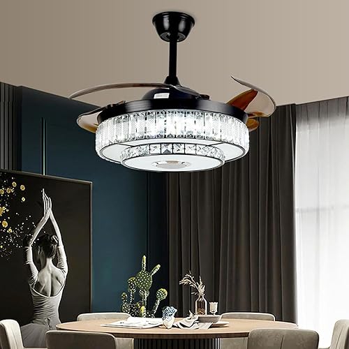 Miniatura 6 de Ventiladores de techo tipo araña de cristal negro de 42 pulgadas con luces y control remoto, ventilador araña moderno con altavoz Bluetooth, aspas