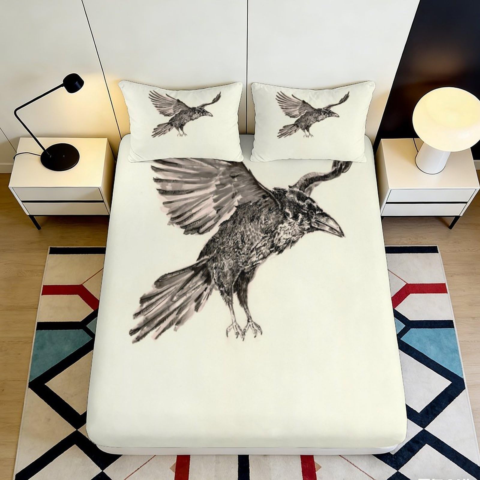 Jqzkxnhpbr Style-3 3D Printed Flying Raven Fitted Sheet Microfiber Soft Decorative Bird Bed Cover For Bedroom Dorm Mattress Protection 90X200x25cm