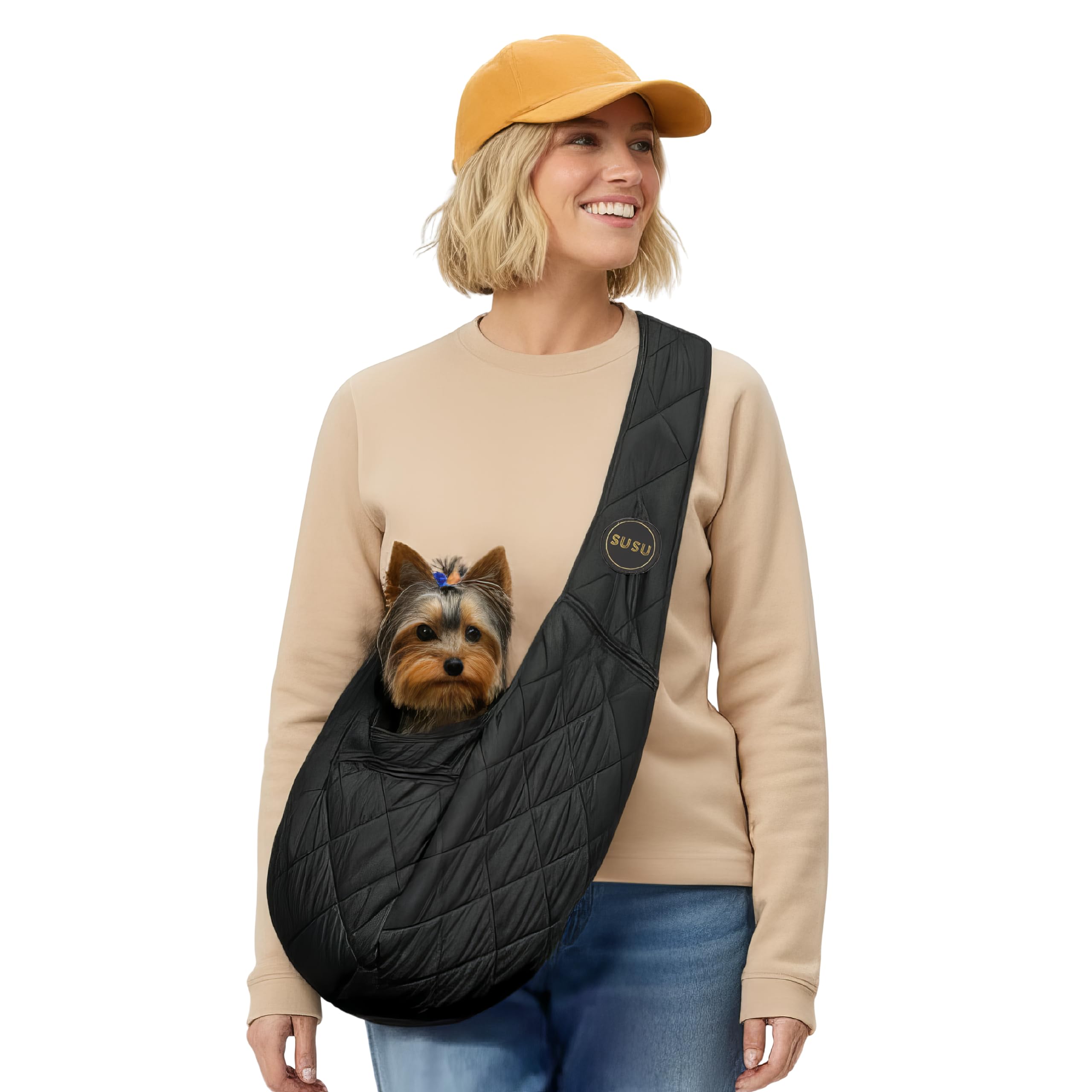 SUSU PET CO. Small Dog Carrier (3–8 lb) – Silk Black. A Puppy Carrier Sling Designed for Little pups Like Yorkies, Toy Poodles, and Pomeranian, Perfect for City Walks and Coffee Runs.