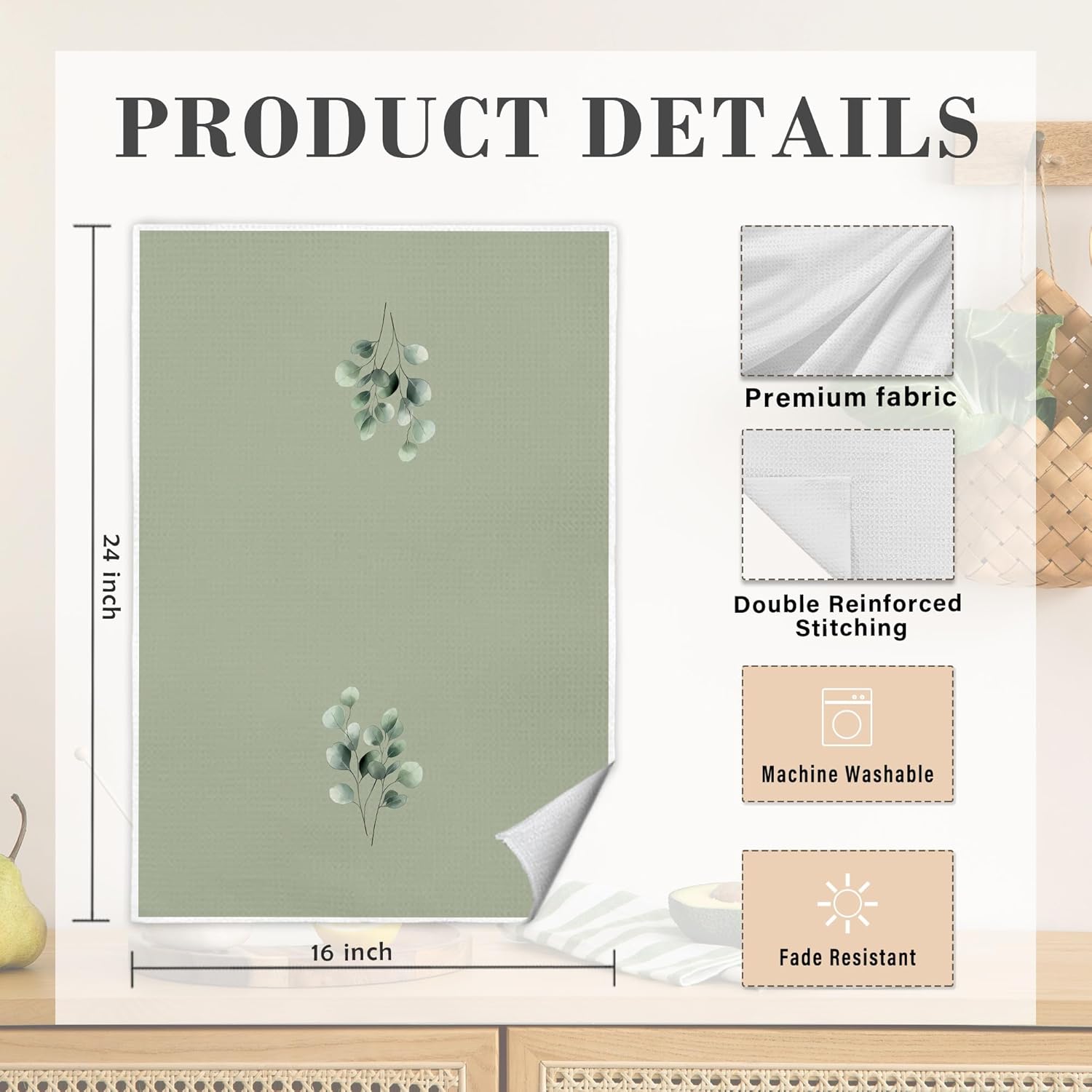 Vintage Sage Green Eucalyptus Bathroom Hand Towels, Farmhouse Cottagecore Green Leaves Botanical Decorative Hand Towels for Bathroom, 16x24 Inch - Image 7