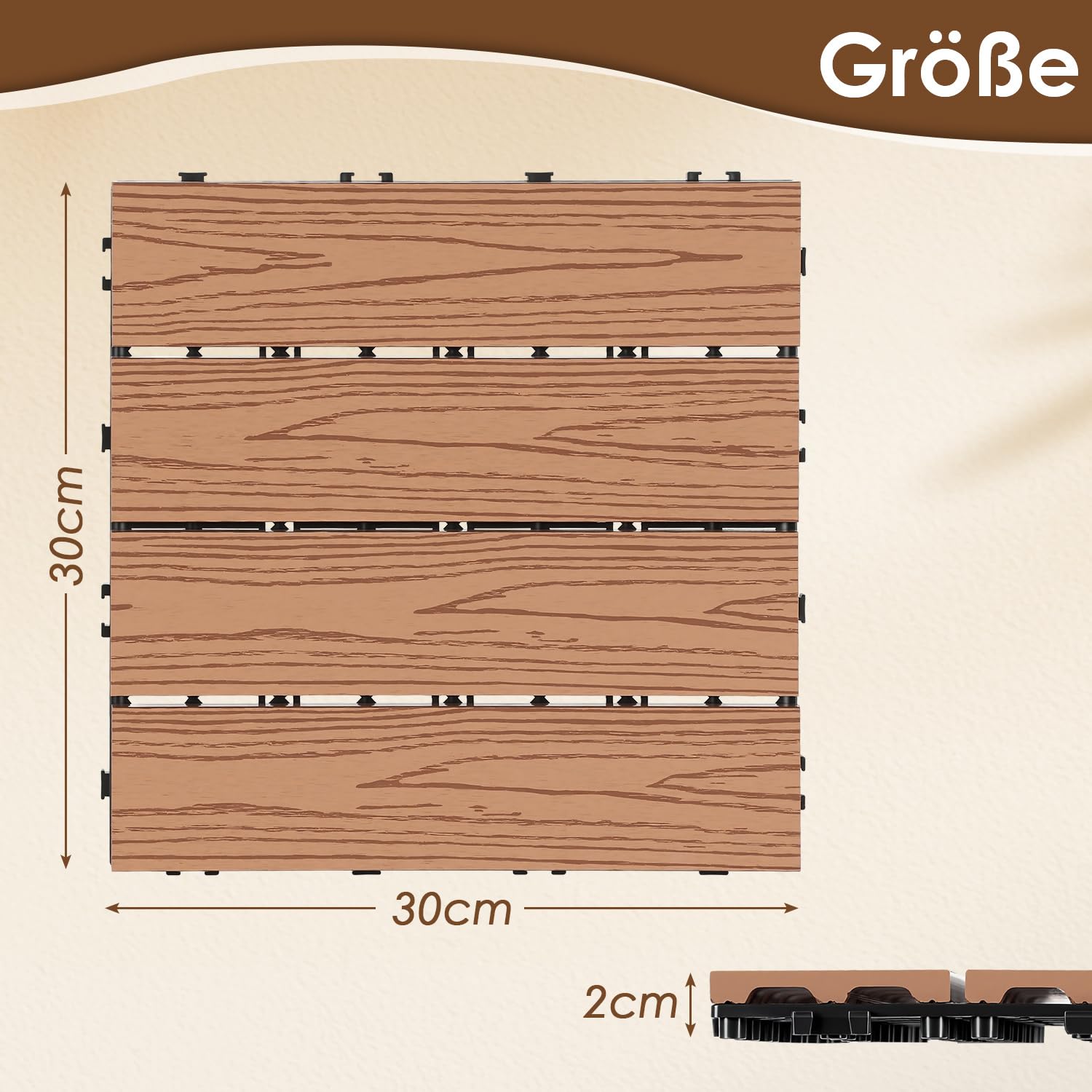 Piastrelle in WPC, 30 x 30 cm, effetto legno, set da 33 pezzi, per 3 m², per balcone con drenaggio, impermeabile e antiscivolo, marrone