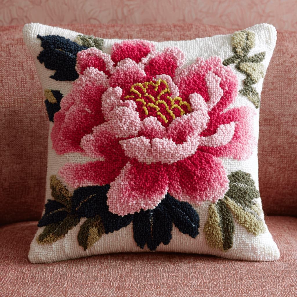 Kitquiver Latch Hook DIY Pillow Kit,Peony Handmade Cushion Cover 43X43Cm