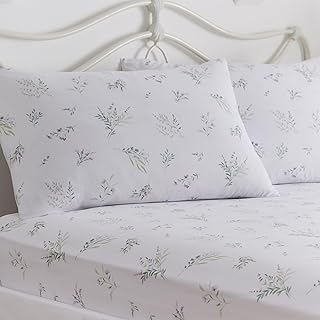 Dreams & Drapes White Lavender Fitted Sheet – Double Size (190x135x28cm) – 2 Pillowcases – Lilac Floral Print – Soft Cotton Bedding – Matching Duvet Cover Available