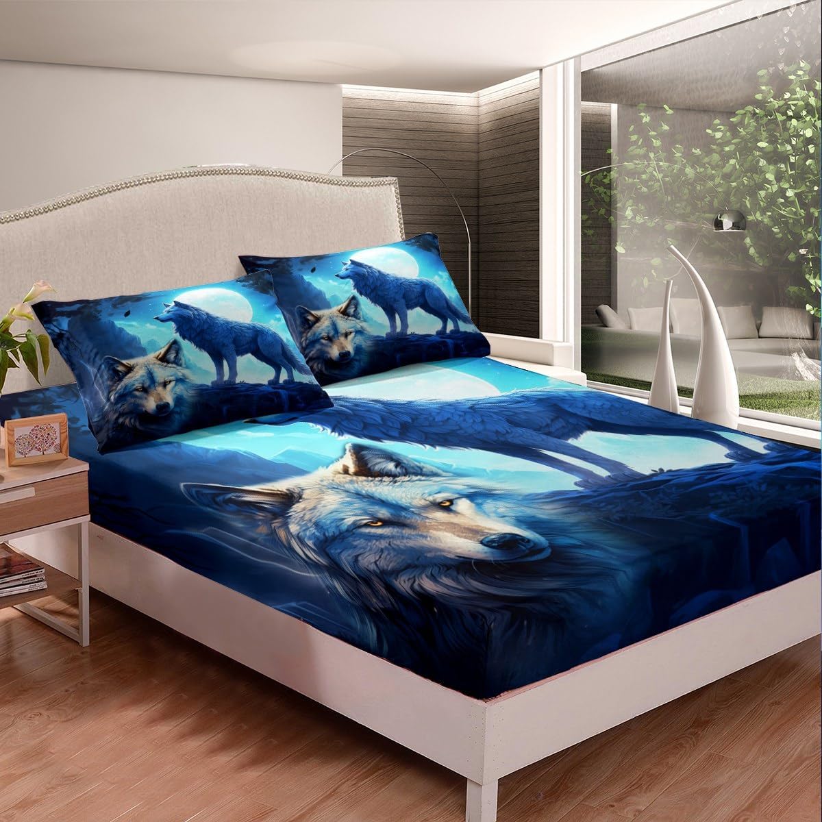 Wild Wolf Fitted Sheet Full Size,Moon Night Scenery Bedding Set 3Pcs for Kids Teens Boys Adult Bedroom Decor,Nature Animals Bed Sheet Mountain and Tree Silhouette Deep Pocket Sheet,2 Pillowcases