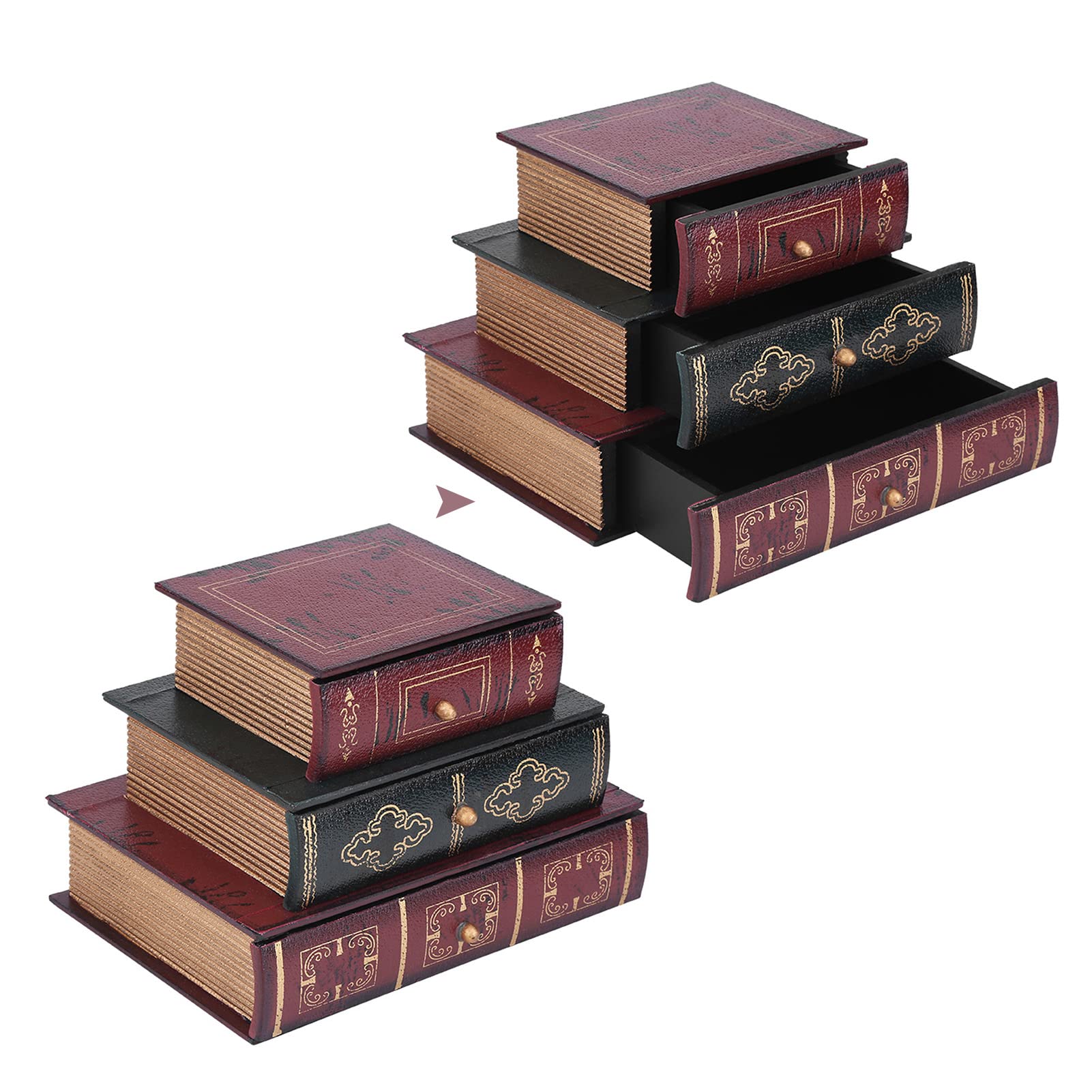 Scatola di Immagazzinaggio dei Gioielli Creativo Retro,Organizer Scrivania Forma Libri,Mobili Cassettiera da Tavolo con 3 Cassetti per Gioielli 21 x 15 x 14.5 cm