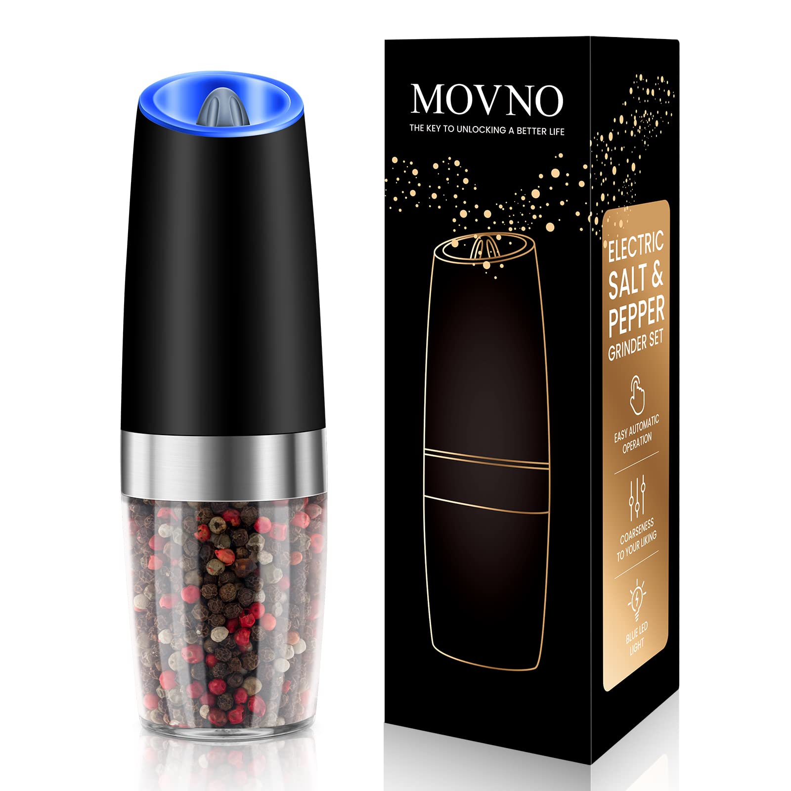 MOVNO 1Pcs Gravity Electric Salt and Pepper Grinder Set, Battery Powered LED Light One Hand Automatic Operation, Adjustable Coarseness Mill Grinders Shakers Stainless Steel, Kitchen Gadgets Gift Ideas