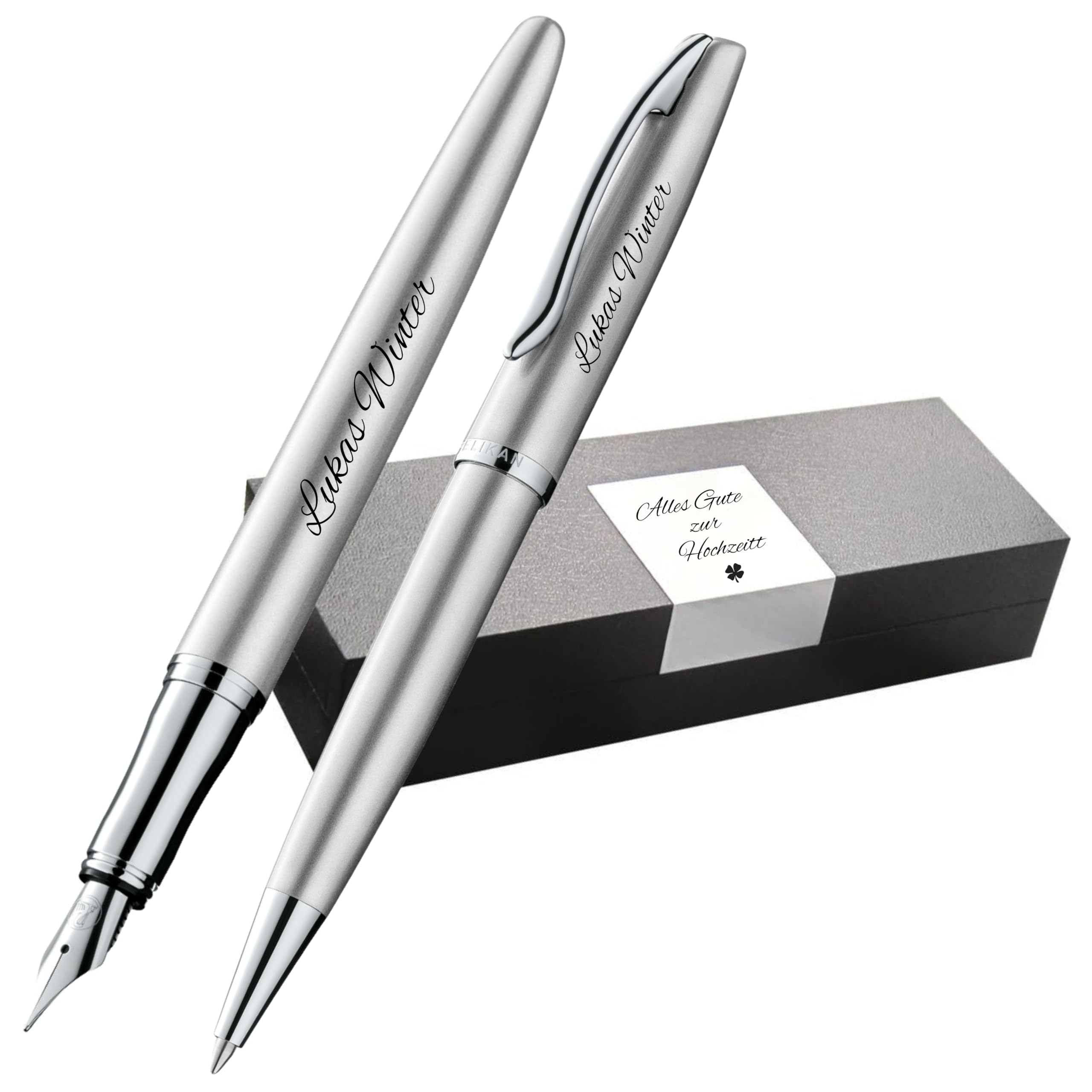 Pelikan Jazz® Noble Elegance K/P36 - Juego de bolígrafo y pluma estilográfica con grabado de regalo, bolígrafos únicos con nombre, regalos personalizados (plata)