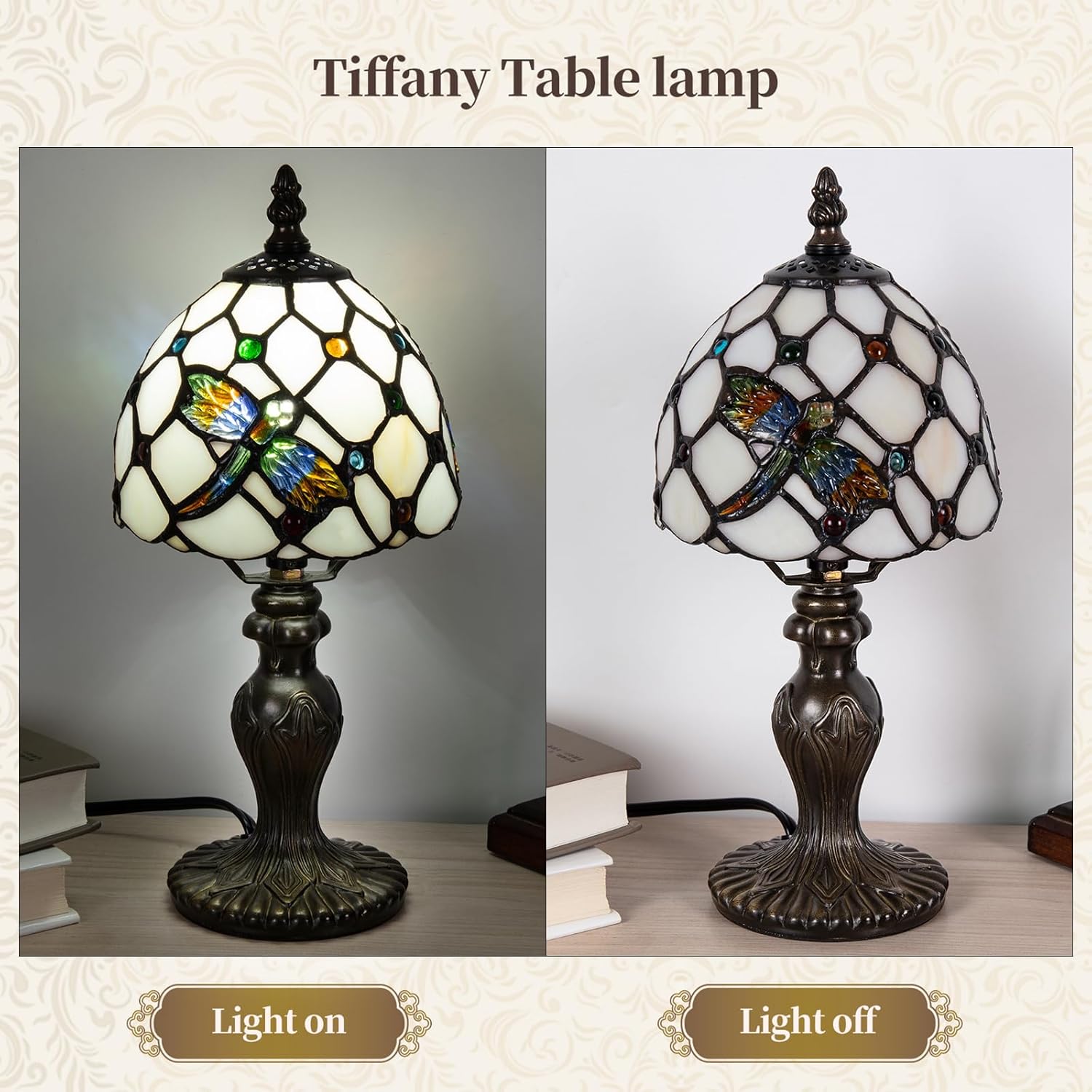 Small Tiffany Table Lamp, 3 Color-Temperature Dragonfly Stained Glass Lamp,6 Inch Tiffany Style Lamp for Bedroom Living Room Home, Handcrafted Light, Included Bulb (Warm White)