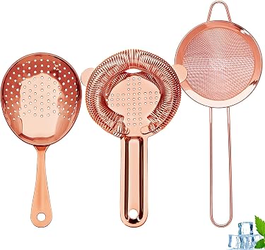 Cocktail Strainer-Stainless Steel Bar Tools Bartender Cocktail Strainer SetHawthorne Strainer,Julep Strainer and Conical Fine Mesh Strainer Rose Gold