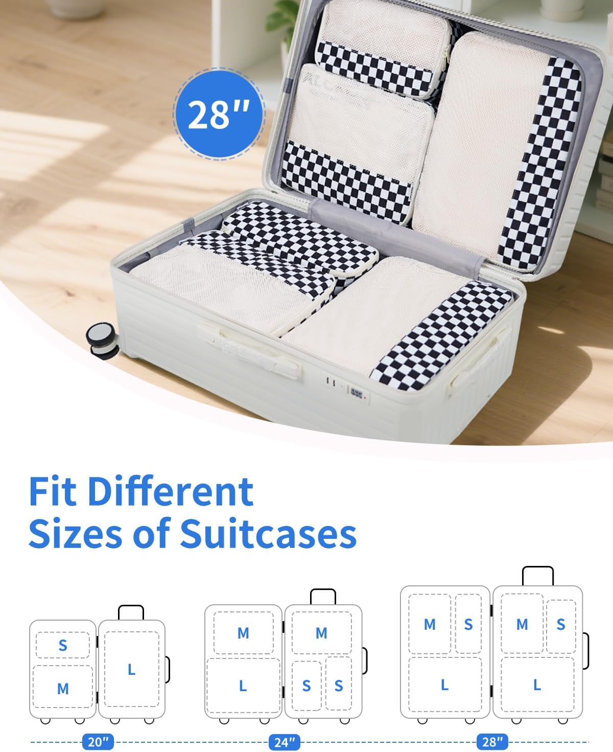 Narwey 7 Set Checkered Packing Cubes for Travel Carry on Suitcase Luggage Organizer Bags for Kids Women Men, Durable Packing Organizers Bag, Travel Essentials Accessories (Black Checkerboard) - Image 2