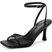 Goderci Kitten Strappy Heels for Women Square Open Toe Ankle Strap Buckle Stiletto Heels Dress Shoes