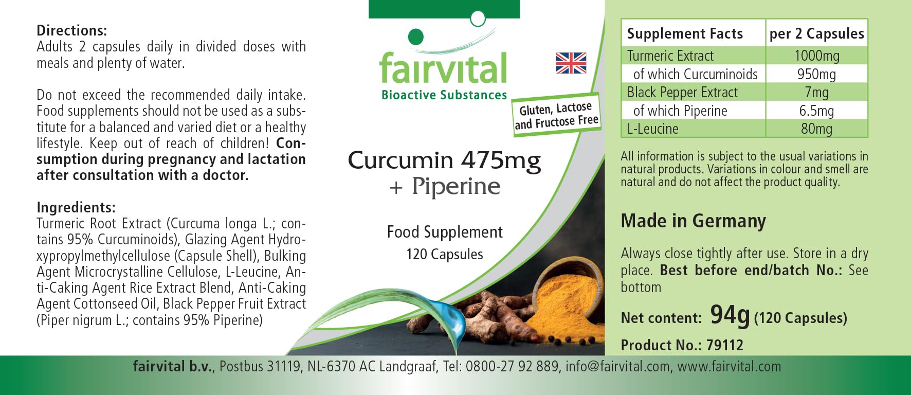 fairvital Gélules de curcuma, 500mg d'extrait de curcuma par gélule, 120 gélules, HAUTEMENT DOSÉES, curcumine 95% avec biopérine (pipérine)