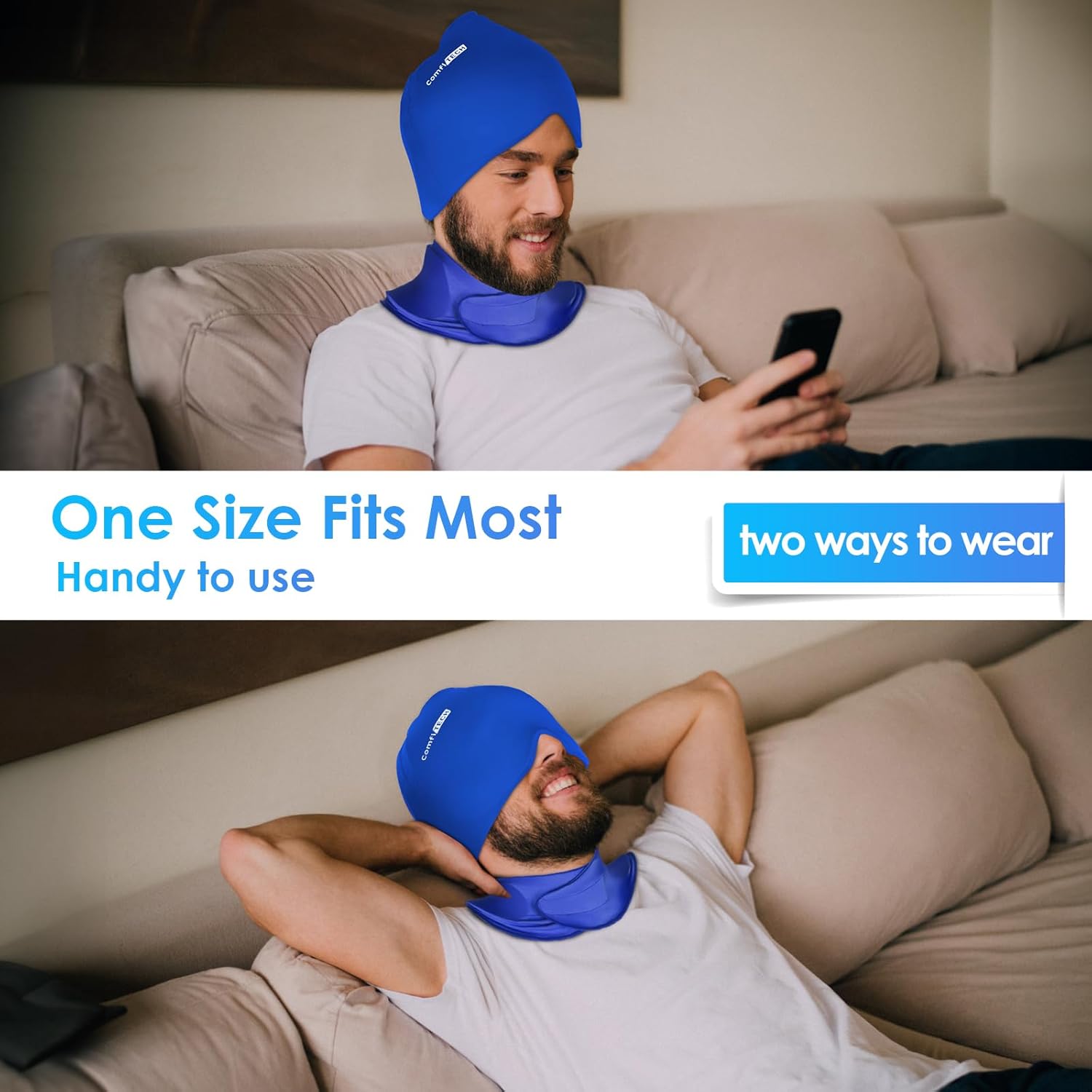ComfiTECH Cold Cap and Neck Ice Pack Wrap Gel Combo, Care Package for Head and Cervical, Blue