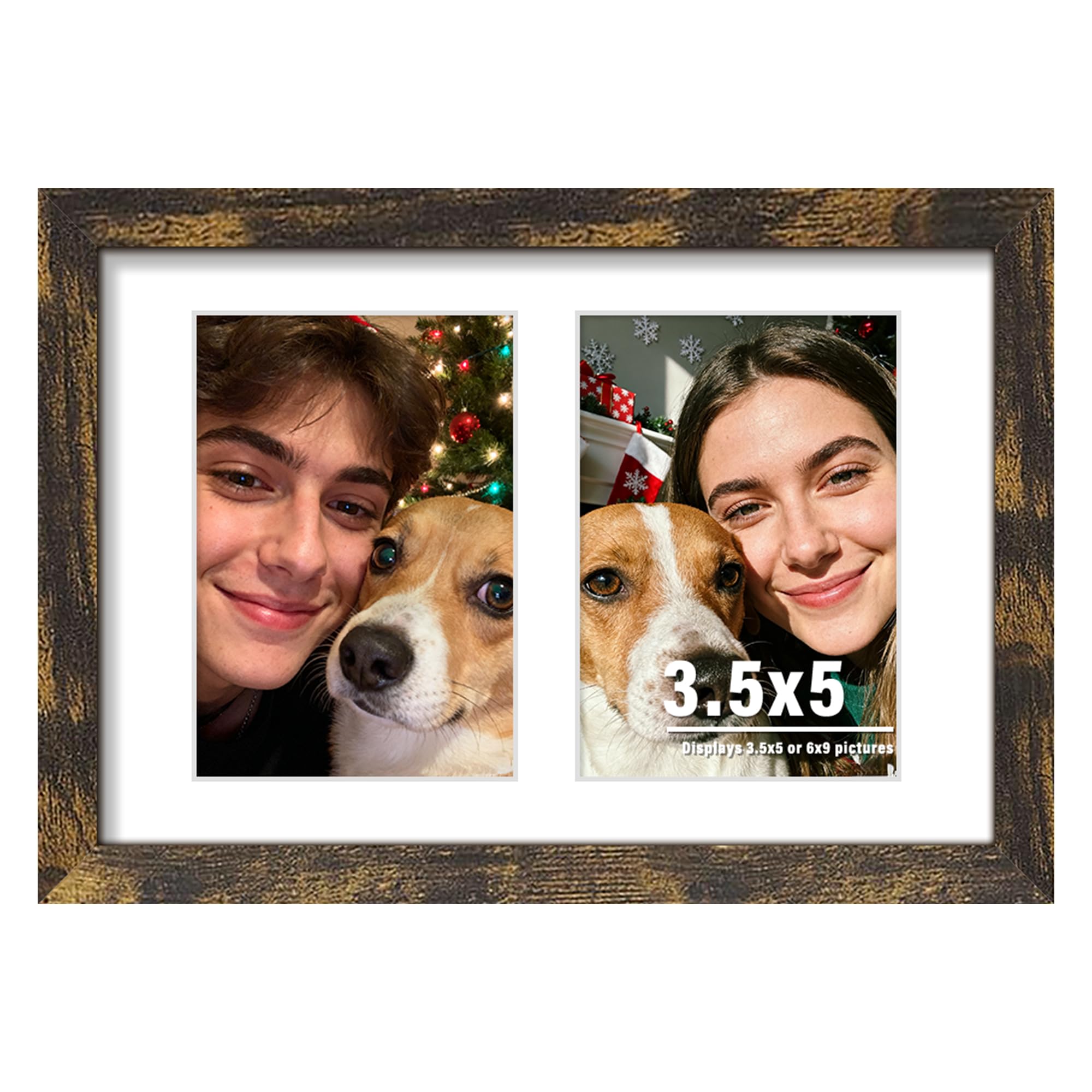 DUENPY 6x9 Picture Frame Double 3.5x5 Collage Picture Frame Displays Two 3.5x5 inch Photos Collage Wall Decor Wall Hanging or Tabletop Brown