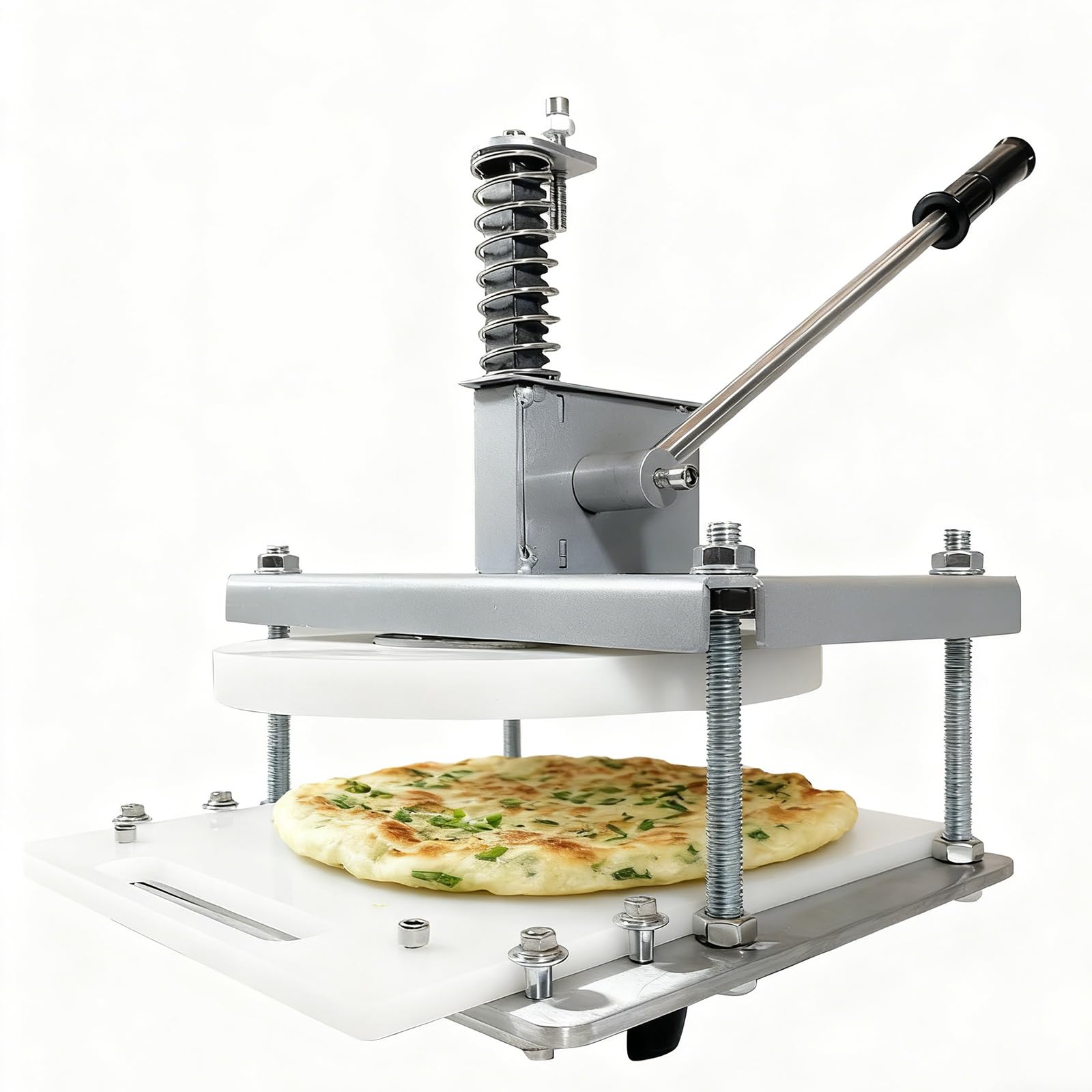 Prensa manual de masa de pizza, acero inoxidable con placa redonda de 25 cm, grosor ajustable, barra de presión de 90° para una fácil preparación de la masa