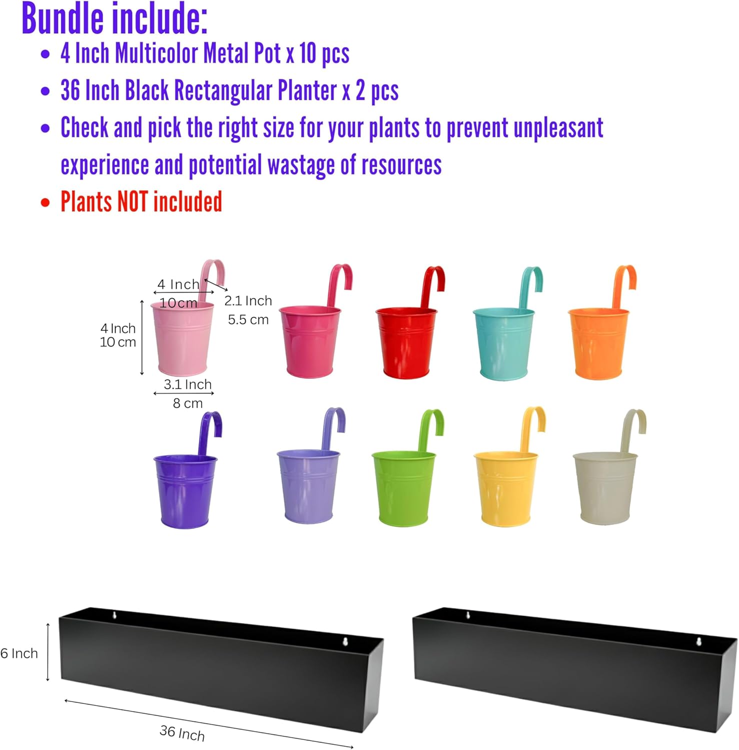 LaLaGreen Bundle- 2 Pack, 36 Inch Black Rectangular Carbon Steel Planter + 10 Pack, 4 Inch Multicolor Metal Pot Hanging Fence Rail Window Floating Flower Succulents Boxes Indoor Outdoor Balcony Garden