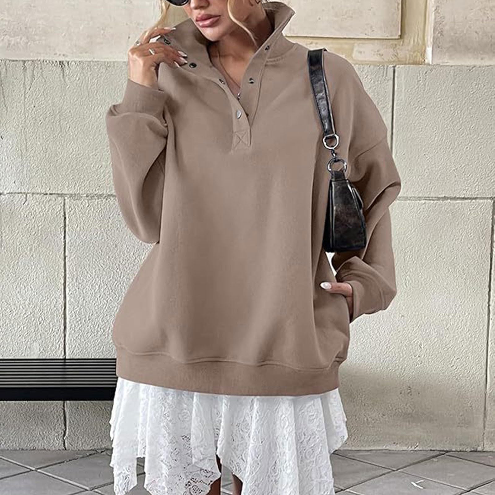 Generico Sudaderas Mujer Sin Capucha Cuello Alto con Botones Manga Larga | Sudadera lisa elegante y ligera, suave y cómoda, ajuste holgado, para llevar todos los días