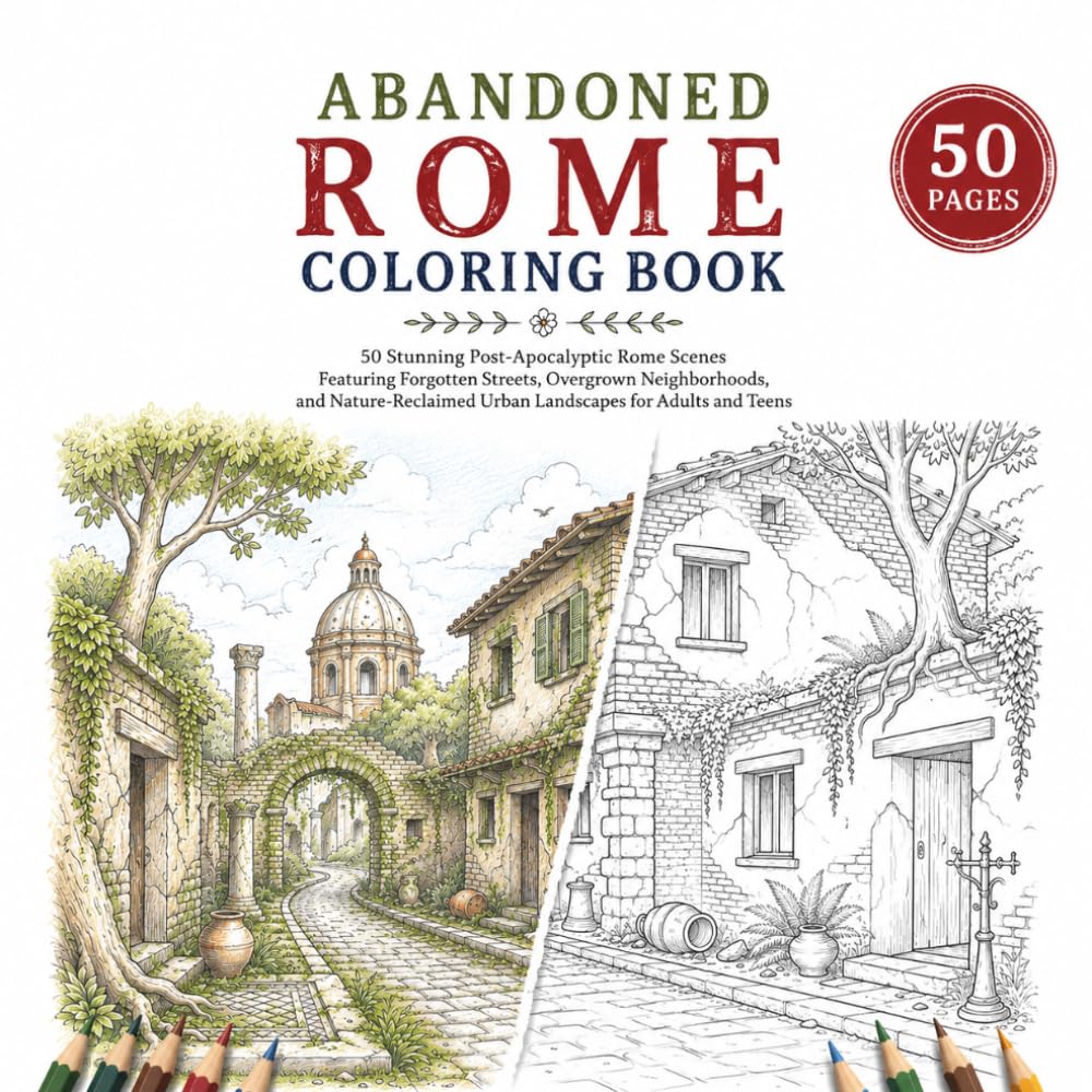 Abandoned Rome Coloring Book: 50 Stunning Post-Apocalyptic Rome Scenes Featuring Forgotten Streets, Overgrown Neighborhoods, and Nature-Reclaimed ... Teens (Abandoned Worlds Coloring Book Series)
