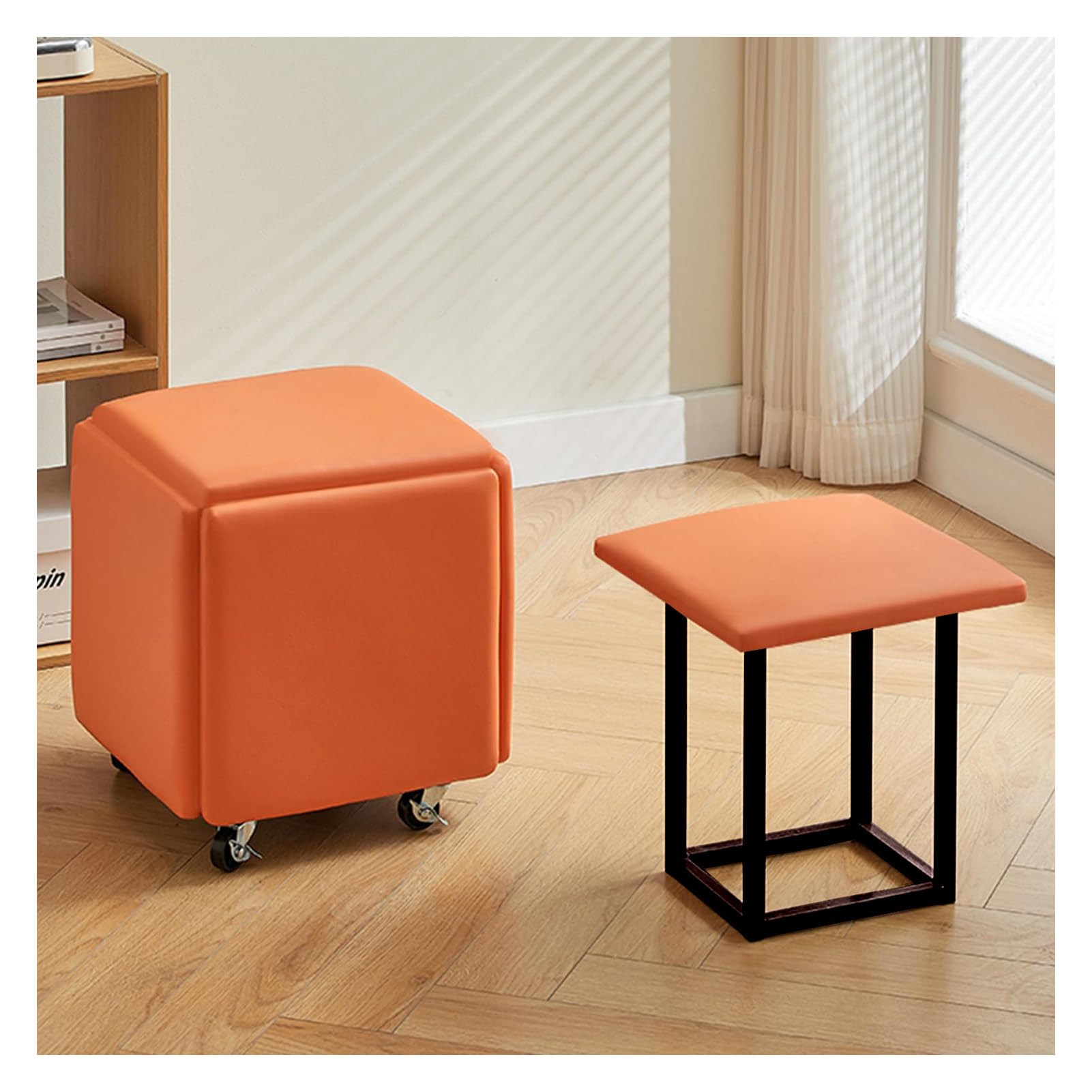 Pouf 5 en 1 gain de place avec assises rembourrées en cuir