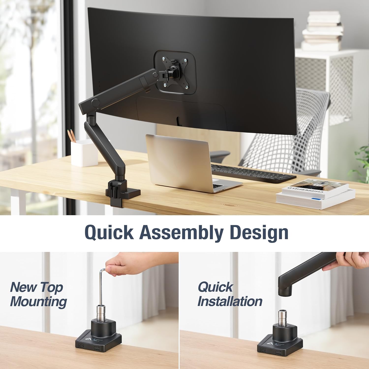 AVLT Single 17"-38" Monitor Arm Desk Top Mount Premium Mechanical Spring Fits Up to 26.4lbs (12kg) Flat/Curved/Ultrawide Monitor Full Motion Height Swivel Tilt Rotation Adjustable, Black