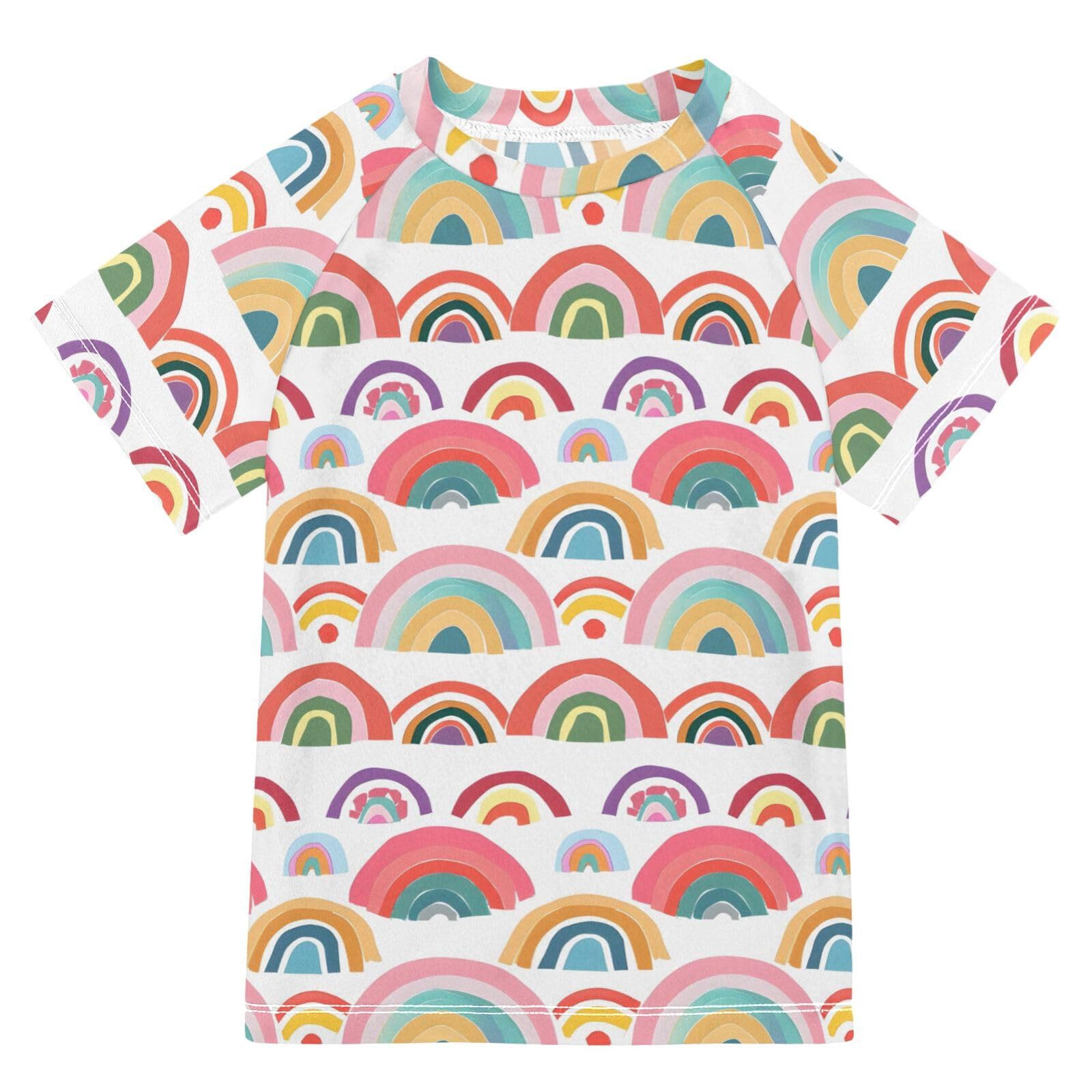 ALAZA Kids Rash Guard Boys Toddler Swim Shirts Short Sleeve Rainbows Cartoon UPF 50+ 3T