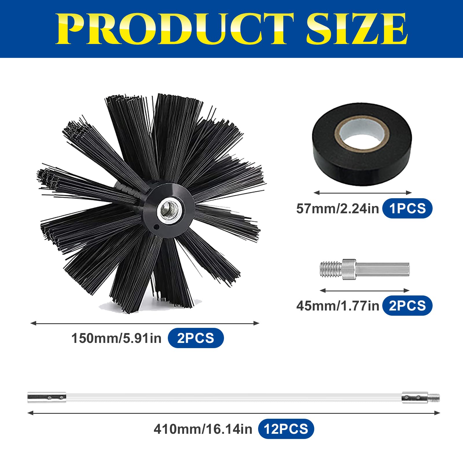 Juego de 17 cepillos para chimenea, cepillo de limpieza para chimenea, incluye 2 cepillos de tubo de estufa de 150 mm de diámetro, 12 barras flexibles de 410 mm, 2 barras hexagonales, 1 cinta adhesiva