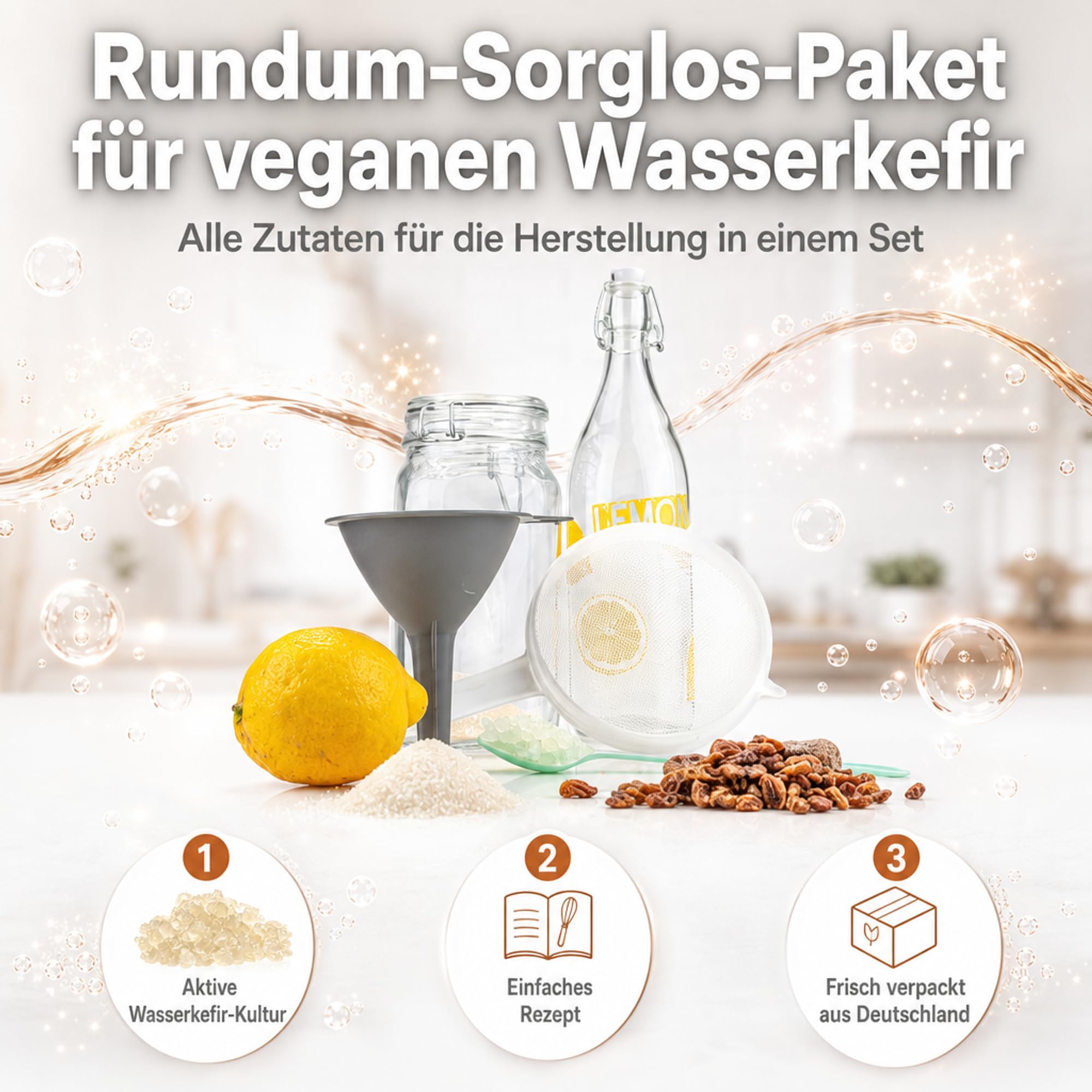 Kefir-for-all, Starterset für Kristallalgen, Wasserkefir, Japankristalle zur Herstellung von veganem Wasserkefir
