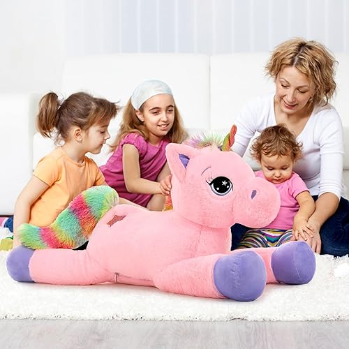 Miniatura 6 de Juguetes de unicornio gigante de 32 pulgadas, lindos animales de peluche de unicornio rosa arcoíris, decoraciones de cumpleaños de unicornio para