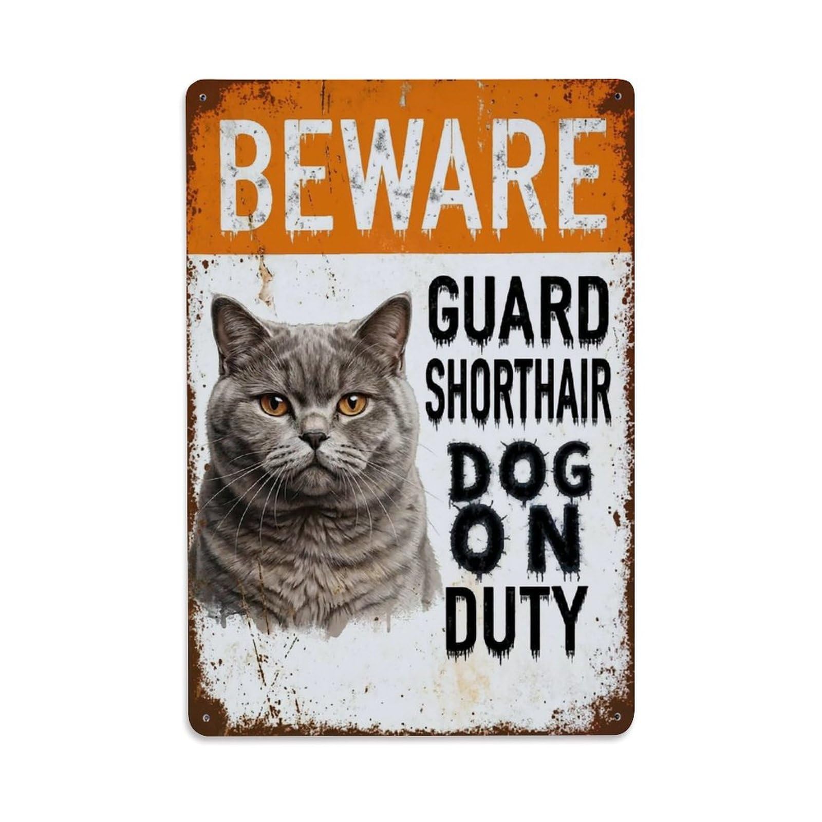 Vintage Funny Shorthair Guard Beware of Cat Walkway Metal Tin Sign Plaque Wall Decor for Cafe, Club Bar, Office, Garden Metal Poster 8x12Inch
