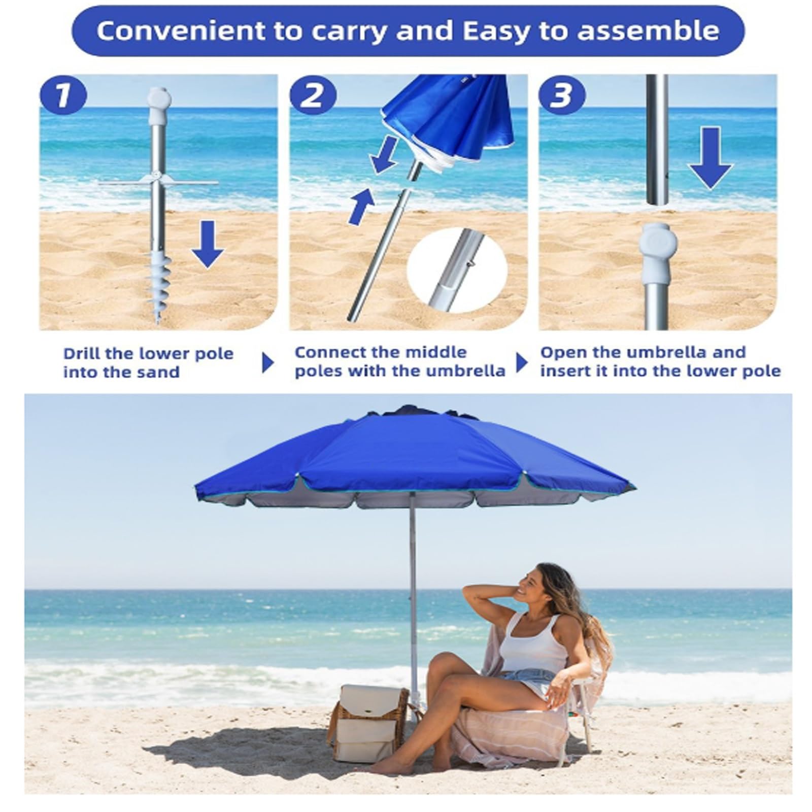 Ombrello portatile da esterno con protezione UPF 50+, struttura in metallo, pulsante di inclinazione regolabile, borsa da viaggio perfetta per patio, giardino, spiaggia, piscina, cortile, blu scuro