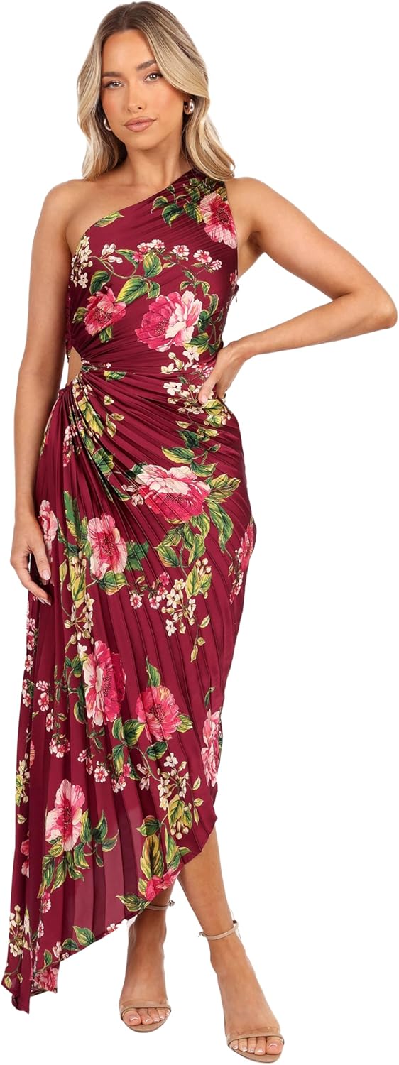 Petal & Pup Womens Kleo One Shoulder Maxi Dress - Burgundy Floral
