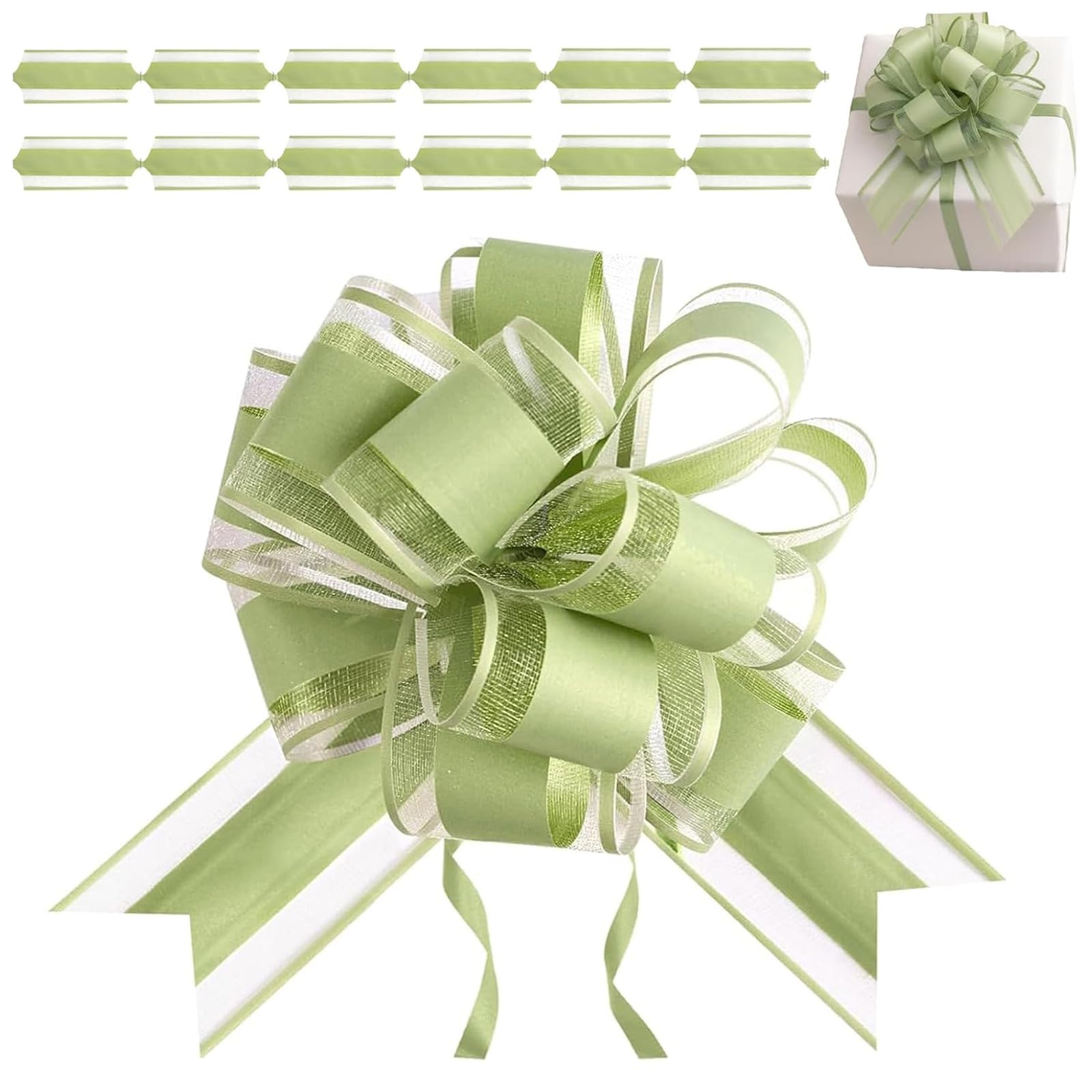 Tarqite 12Pcs Pull Bows, Green Bows for Gift Wrapping, Large Bow Ties for Wedding, Christmas, Birthday Party Decor, Box Car Basket Bouquet, 6 Inch (Sage Green)