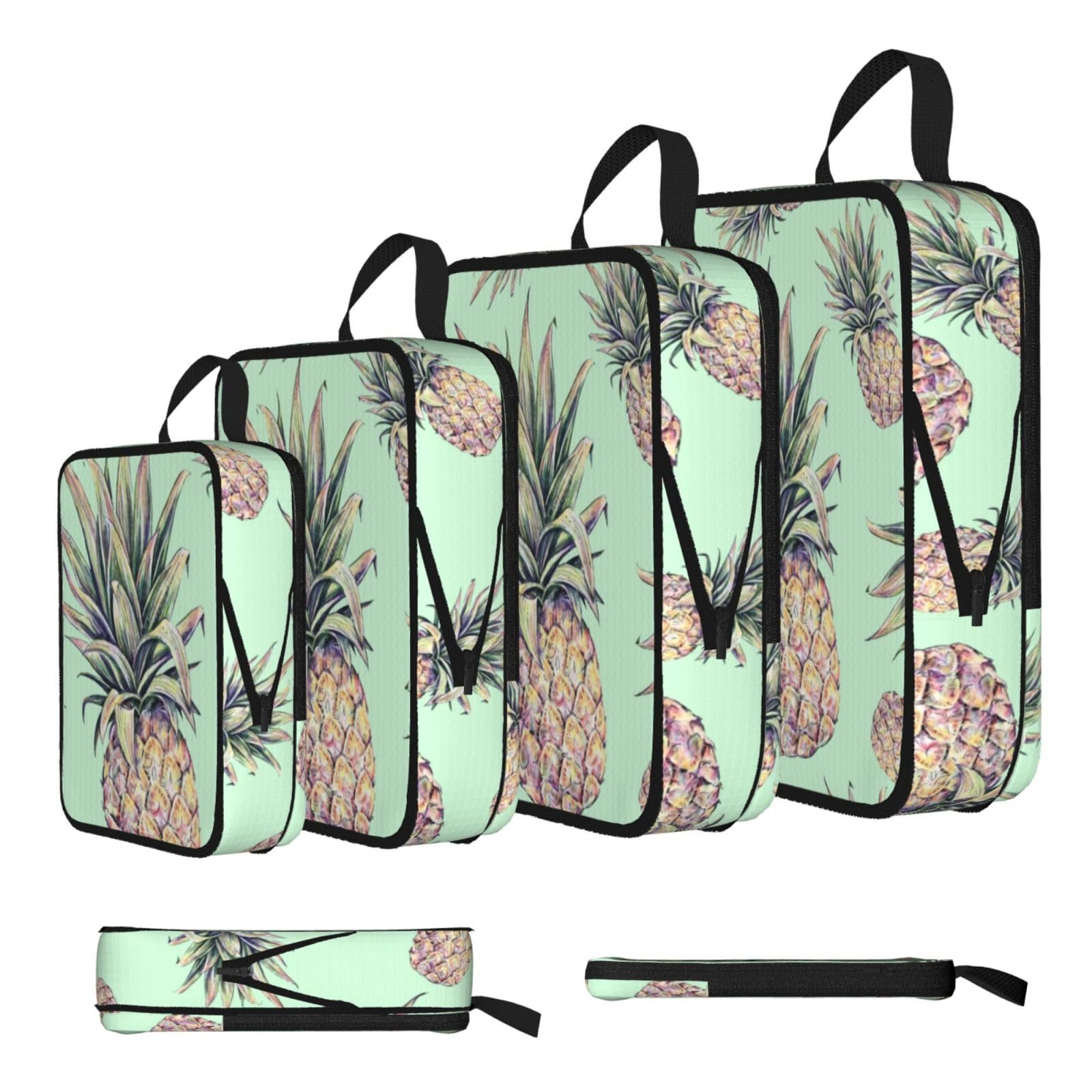 Pineapple Green Print Compression Packing Cubes 4-Piece Set With Multi- Compartment Travel Bag, Waterproof Suitcase Organiser Bags