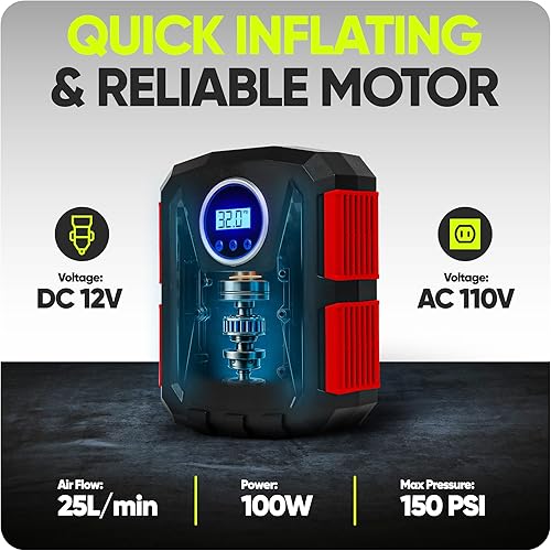 Miniatura 5 de FORTEM Tire Inflator Portable Air Compressor, Air Pump for Car Tires and Bikes, Car Tire Pump wAuto Shut Off, 150 PSI, 12V DC, LED Light, Carrying