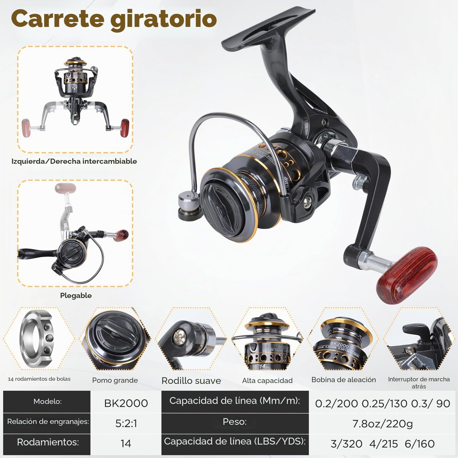 2.1M Juego de caña y Carrete Fibra de Carbono Combo de caña de Pescar telescópica y Carrete Giratorio con señuelos, Ganchos, línea y Bolsa de Transporte para Agua Salada y Agua Dulce