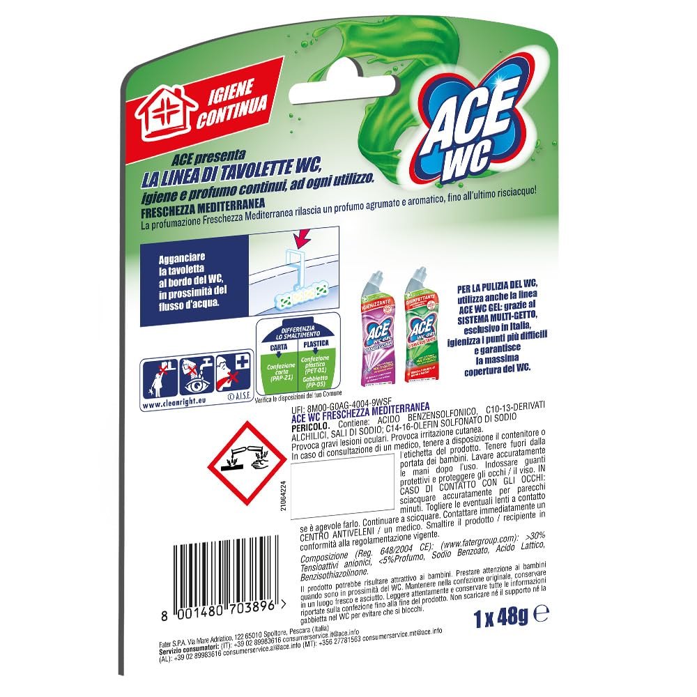 ACE Tavoletta WC Freschezza Mediterranea Anticalcare – Detergente WC con Schiuma Attiva, Profumo Agrumato, Igiene e Pulizia Continua del WC fino a 300 Risciacqui, Confezione da 12 pezzi