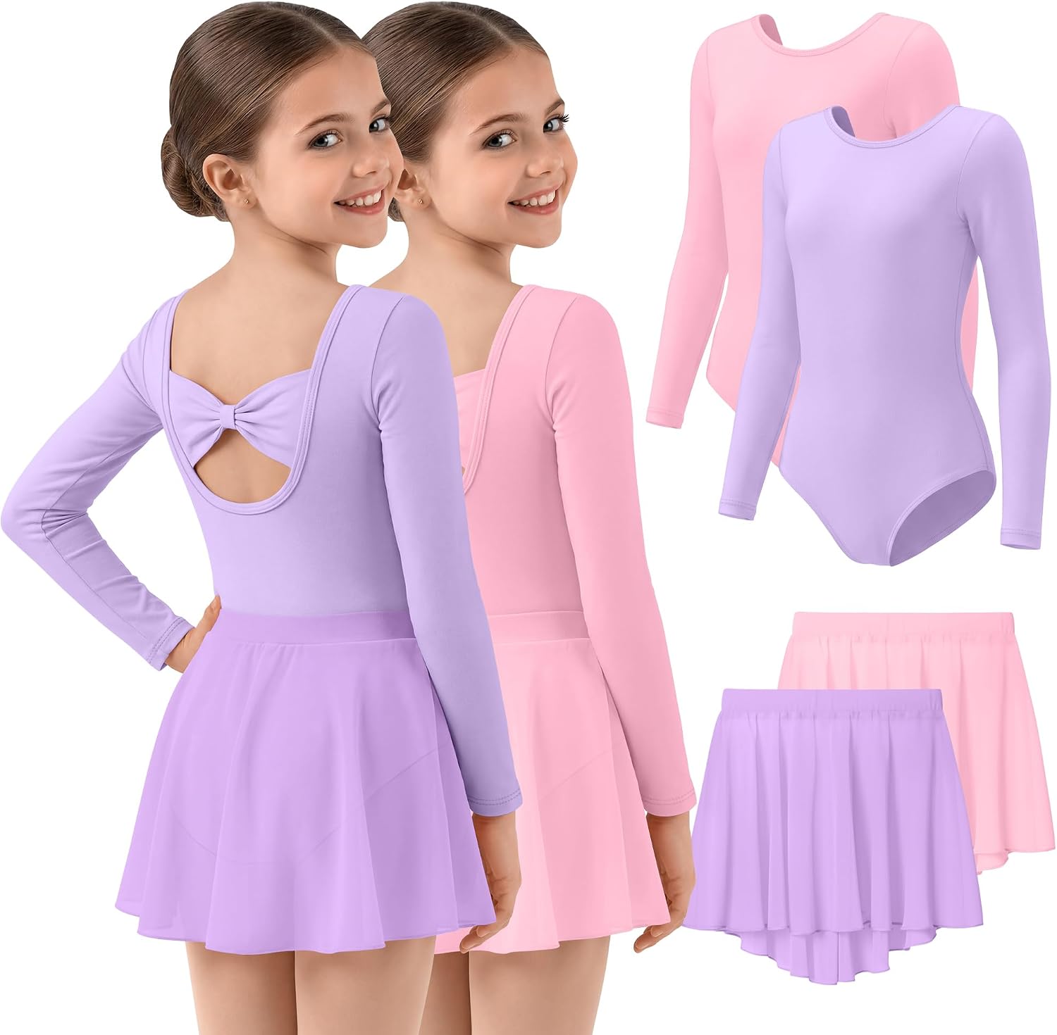 2 Pack Ballet Leotards for Girls Long Sleeve Dance Dress Bow Back Toddler Ballerina Outfits with Removable Skirt