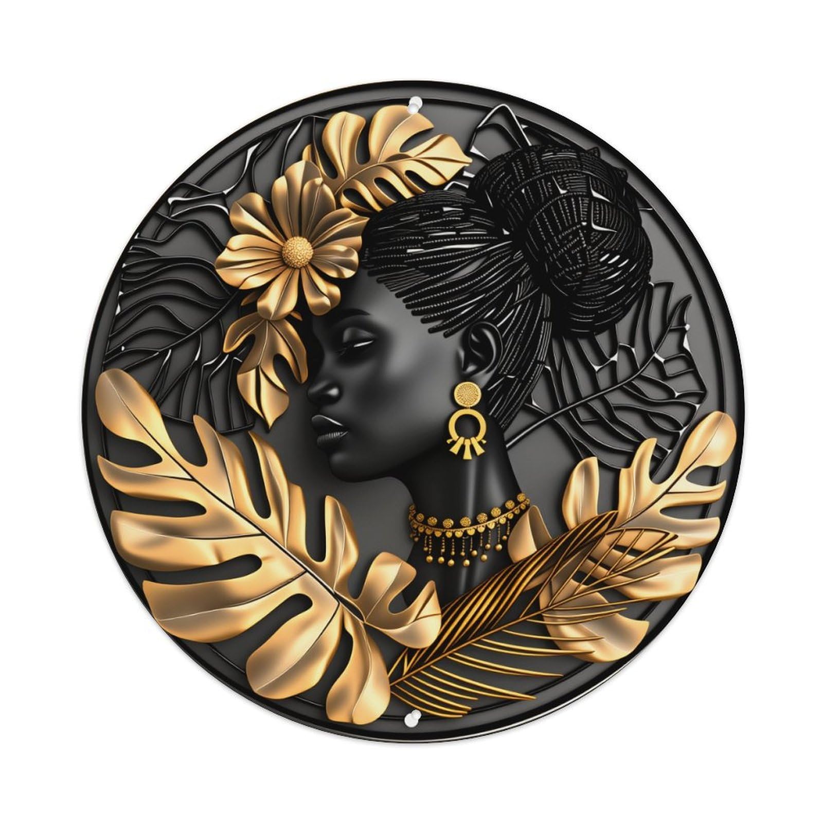 Black And Gold Woman With Tropical Leaves And Flowers Round Vintage Tin Sign,Retro Wall Art,Metal Poster for Home, Bar, Garage, Cafe, Rustic Indoor & Outdoor Decor, 8x8 Inches