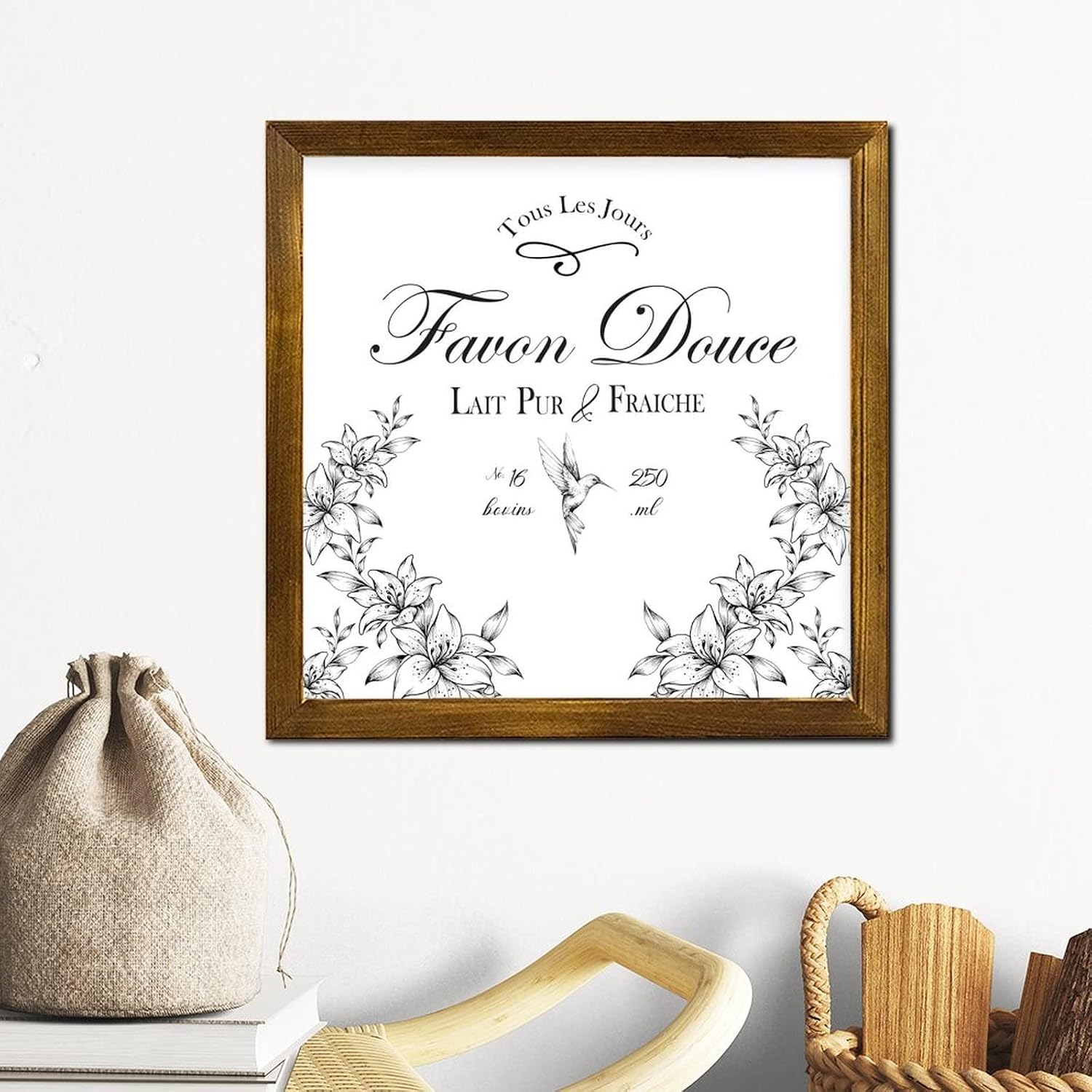 Tous Les Jours Façon Douce Framed Wood Signs Vintage Hummingbird with Rose Flower Wall Sign Classic Garden Floral Home Wall Decoration for Bedroom Kitchen Living Room Table 12x12 inch