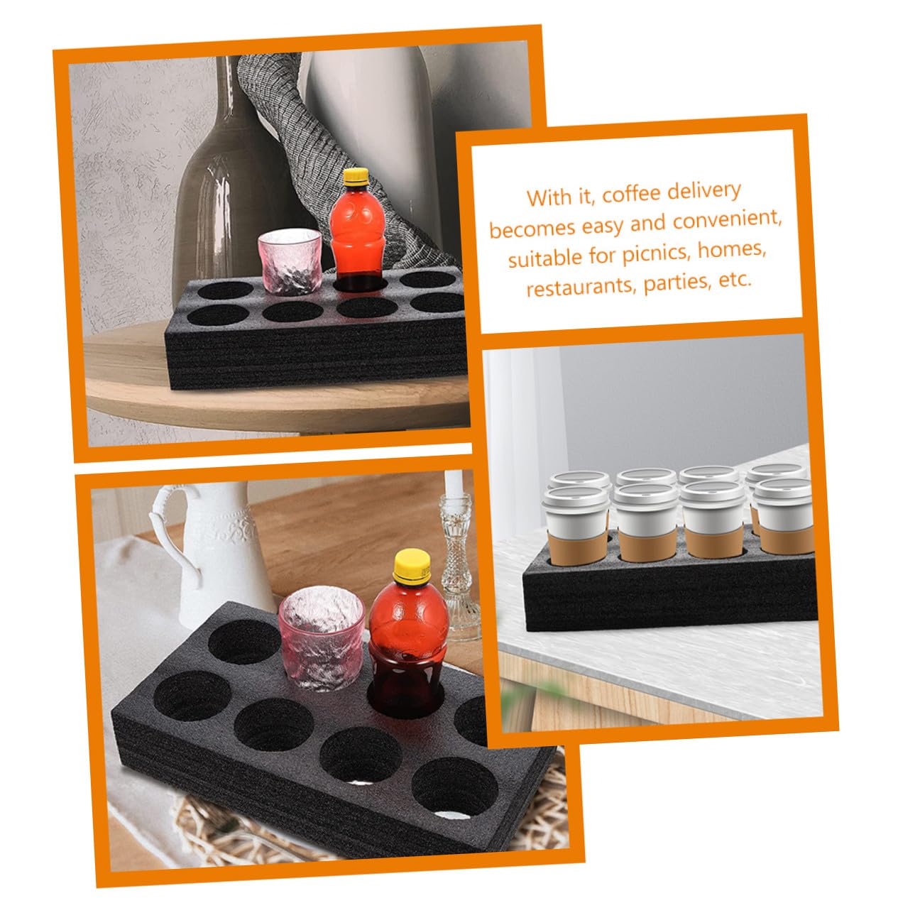Porte-Gobelets à Emporter 8 Trous Lot de 2 Mousse Plateau de Transport pour Café Boissons Livraison Pique- Fête Support Stable pour Tasses