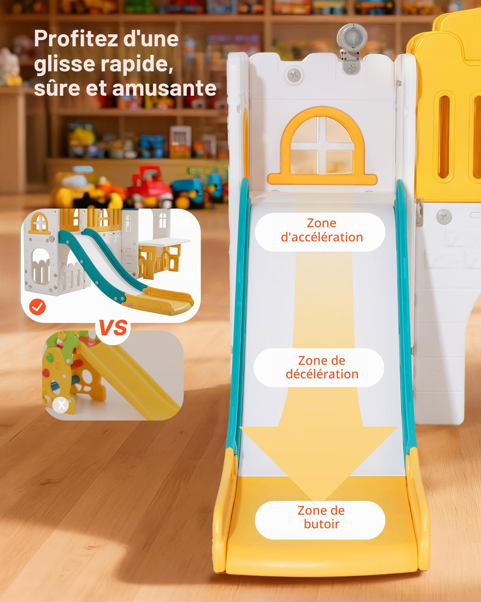 VEVOR Maisonnette pour Enfants, Maison de Jeu Extérieur pour Tout-Petits à Partir de 1 an, Cabine de Jardin pour Enfants avec Toboggan, Ballon de Basket, Télescope, Volant, Tunnel Rampant, Vitrine