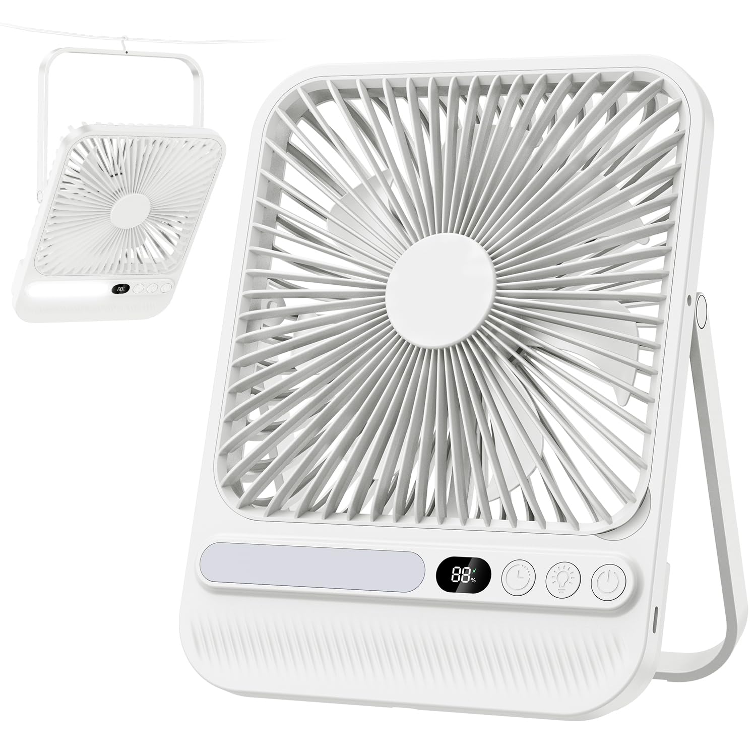 Nuerst 8000mAh Portable Travel Fan 7 inch, Max 28H Runtime, Rechargeable Battery Powered Desk Fan with LED Lantern, 180° Rotate Ultra-thin Silent USB Fan for Camping Bedroom Cruise RV (White)