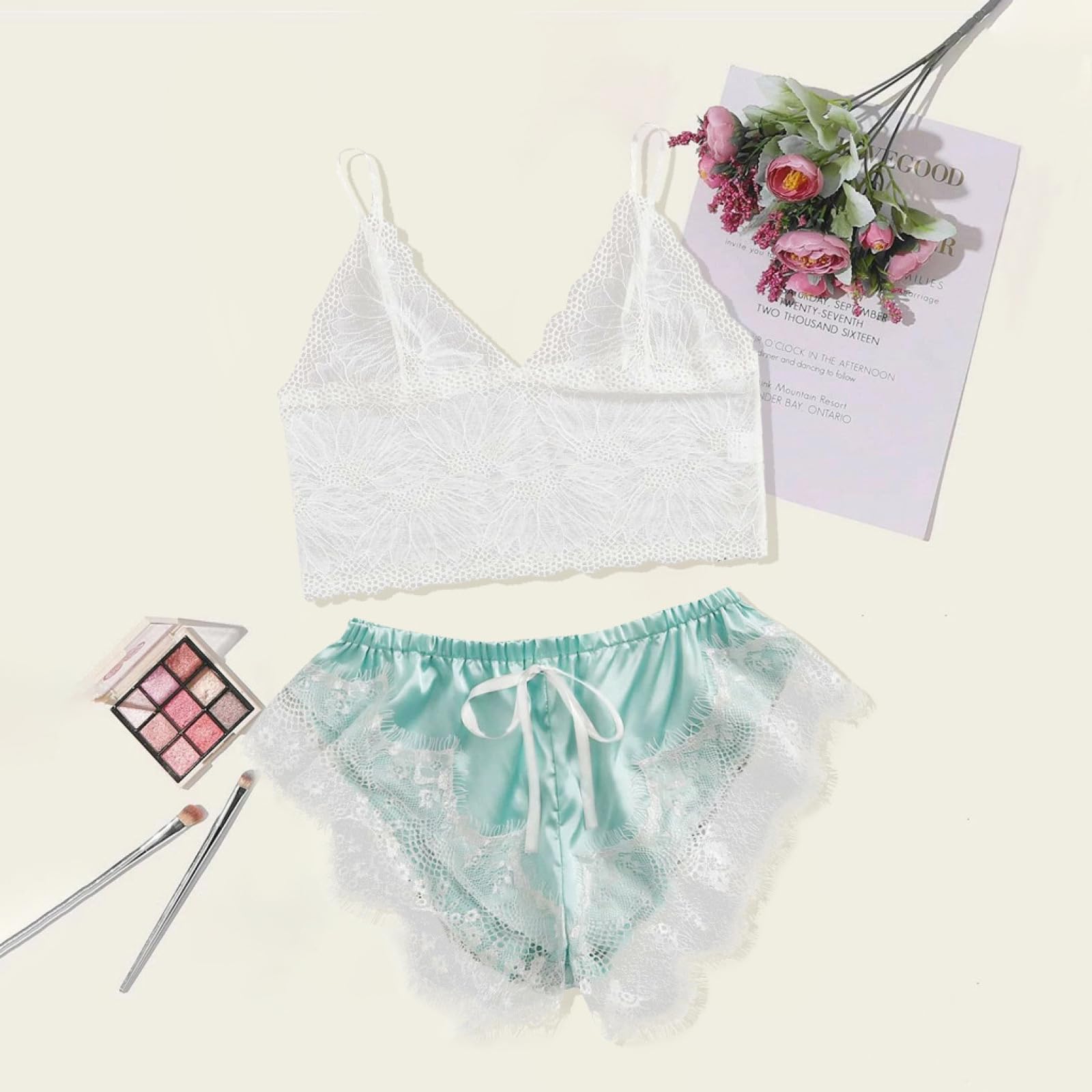 RWRAPS Lingerie Sexy per Donna Taglie Forti Set da Due Pezzi Sexy con Fascia in Pizzo e Reggicalze da Donna Azzurro (Azzurro M)